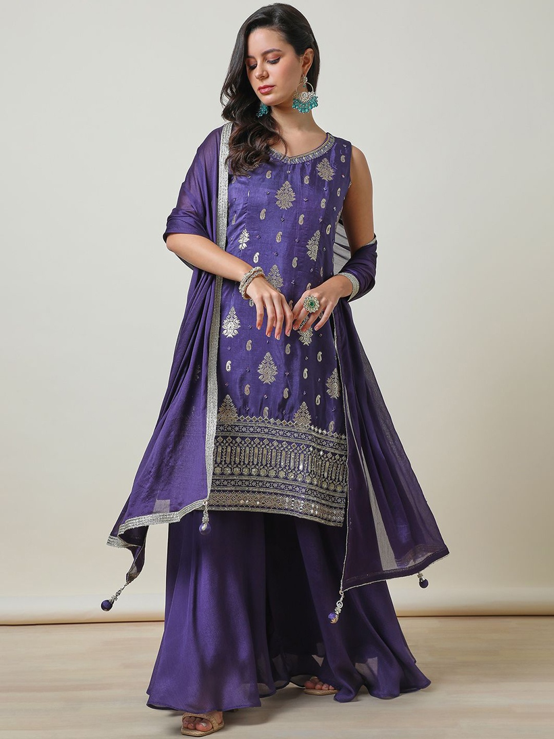 

Soch Purple Ethnic Motifs Woven Design Brocade Zari Kurta With Palazzos & Dupatta