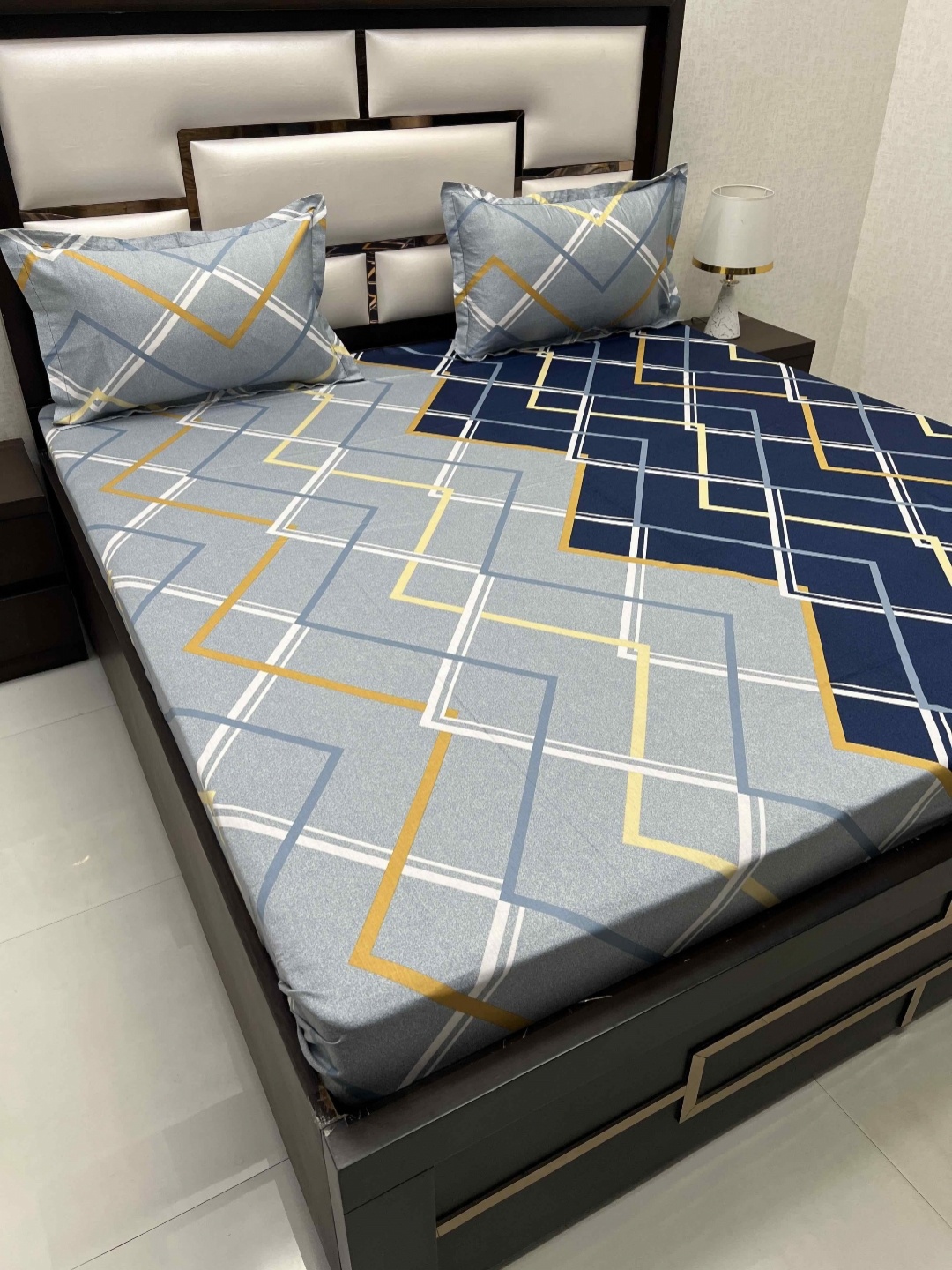 

Pure Decor Passion Fur Blue & Grey Geometric Cotton 250 TC Queen Bedsheet Set