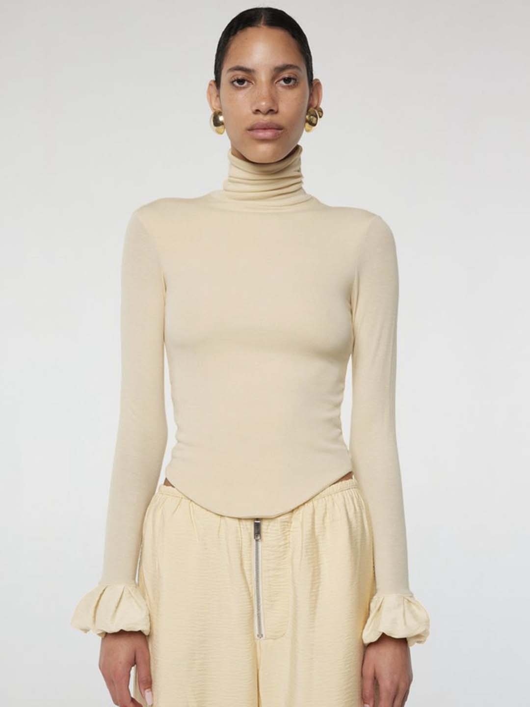 

LULU & SKY Women Vertical Striped High Neck Cotton Top, Beige