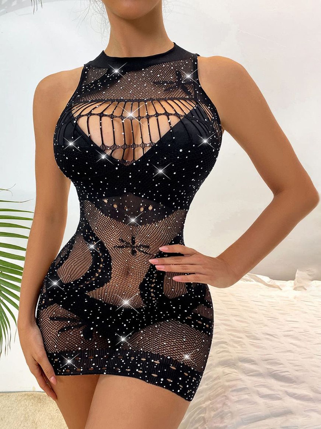

CareDone Women High Neck Self Desgin Mesh Lingerie Fishnet Baby Doll, Black