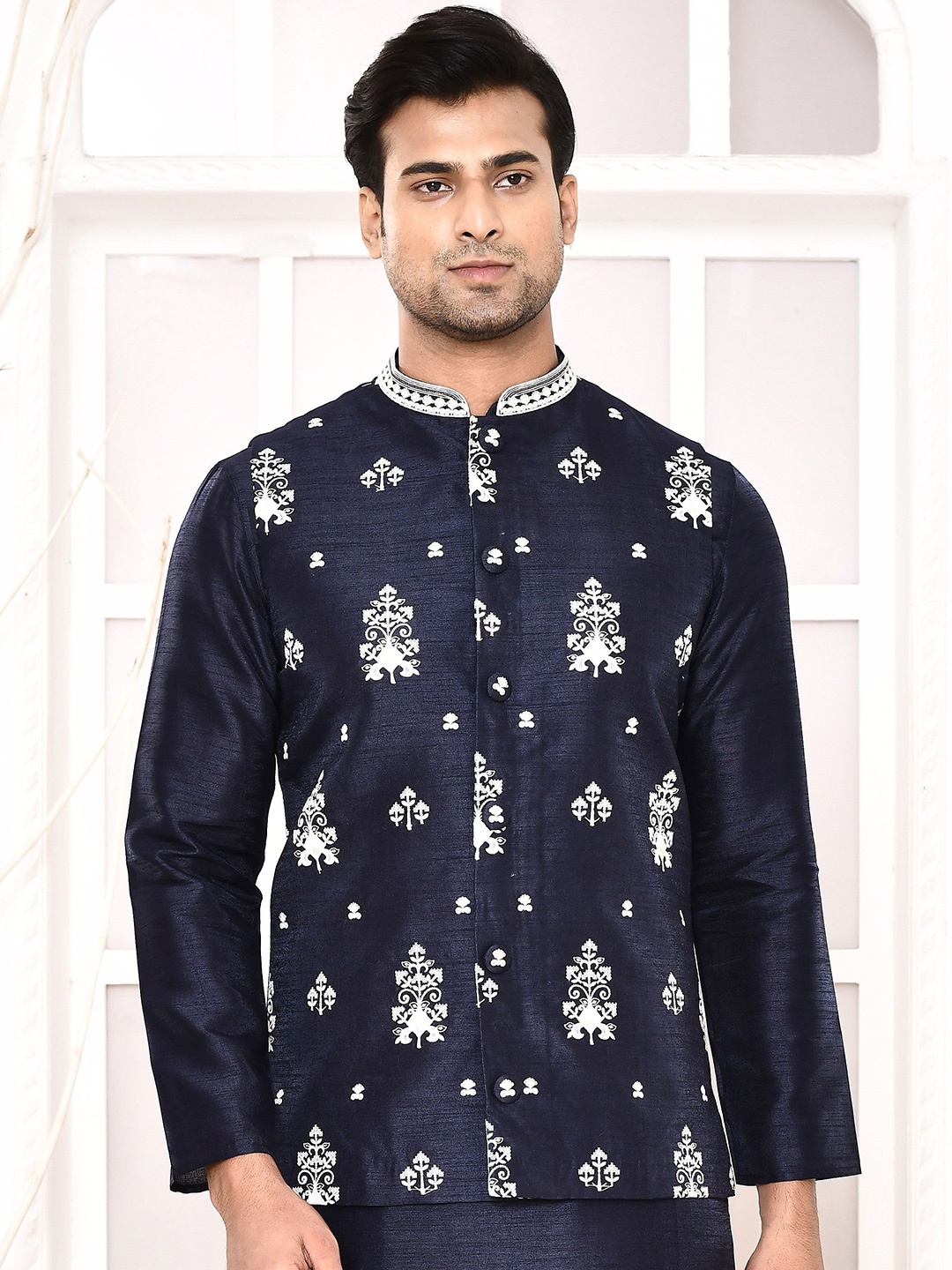 

MAAHI FABS Mandarin Collar Thread Work Straight Kurta with Churidar & Nehru Jacket, Blue