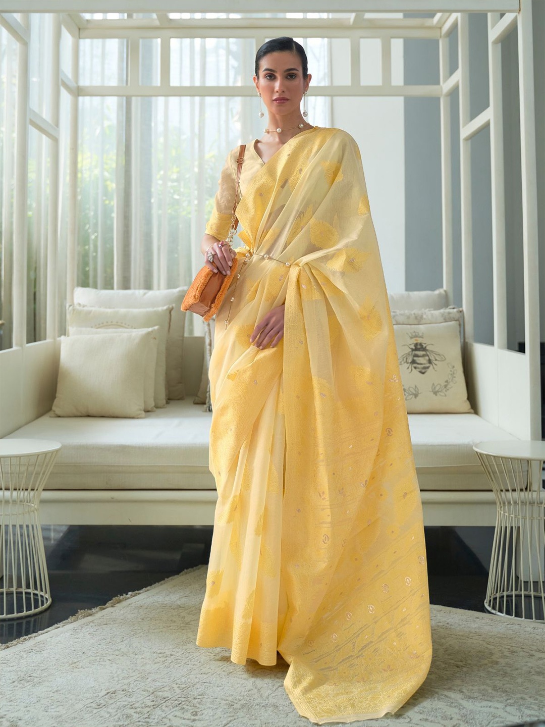 

ODETTE Woven Design Zari Saree, Yellow
