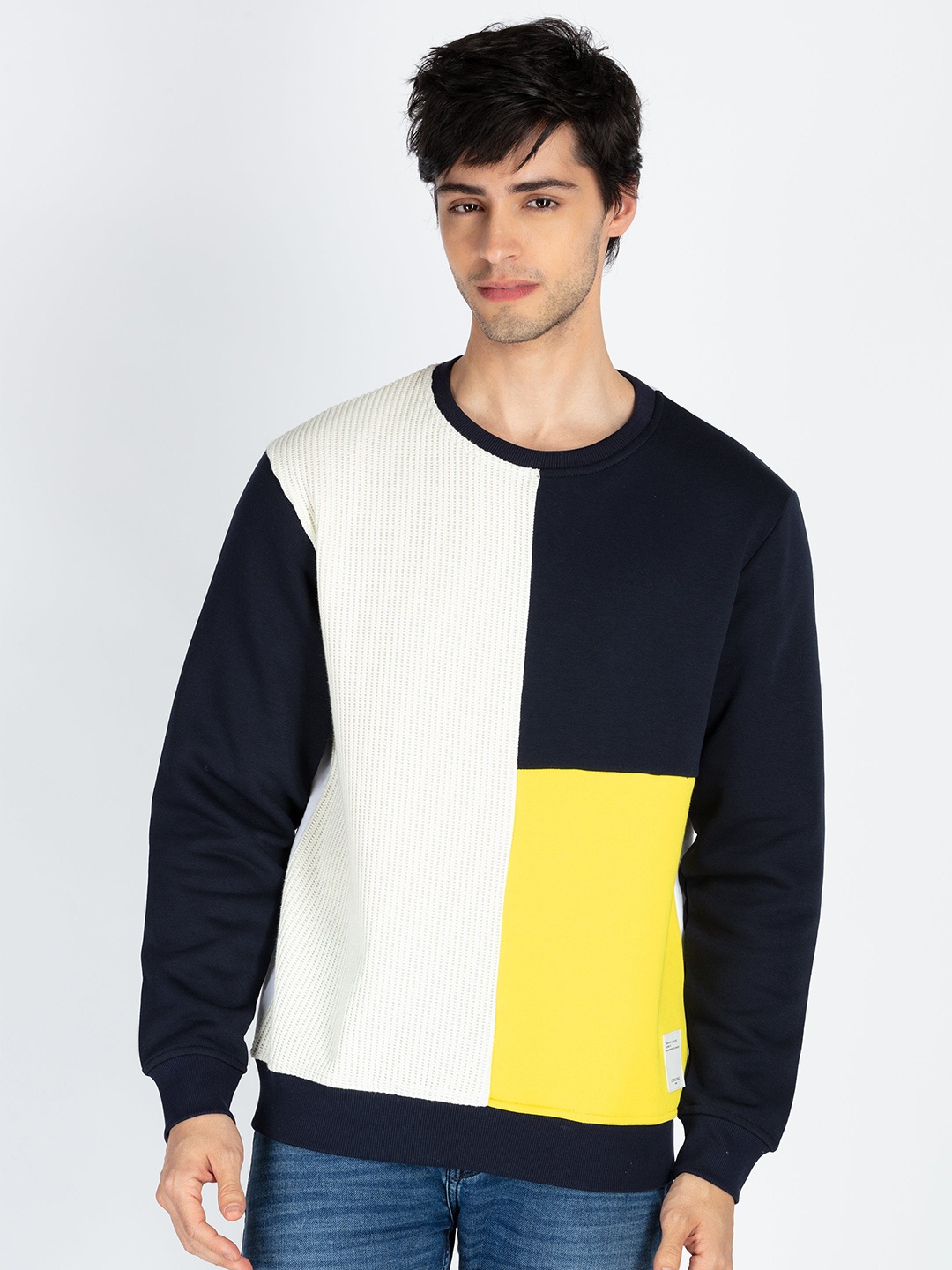 

Status Quo Men Colourblocked Pullover Cotton Sweatshirt, Navy blue