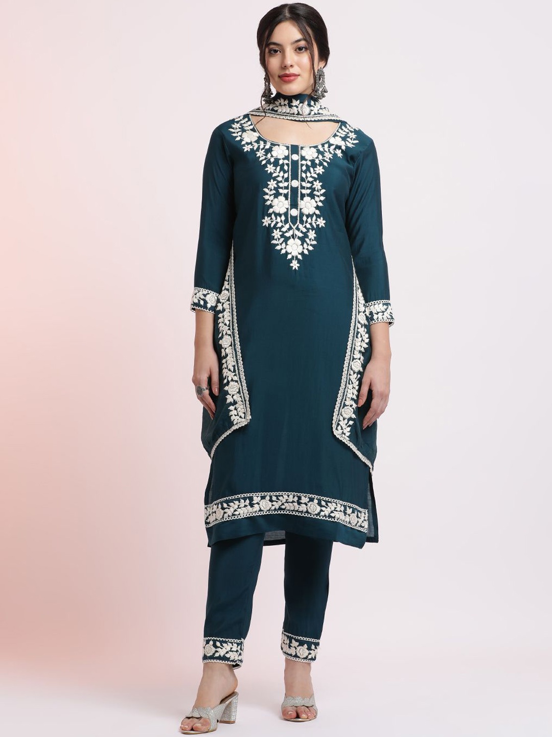 

Jaipur Kurti Floral Embroidered Festive Kurta Set With Dupatta, Teal