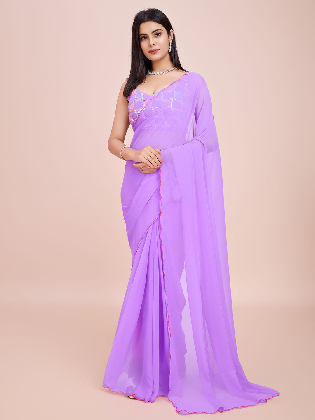 

STYLEELITE Solid Sequence Saree, Lavender