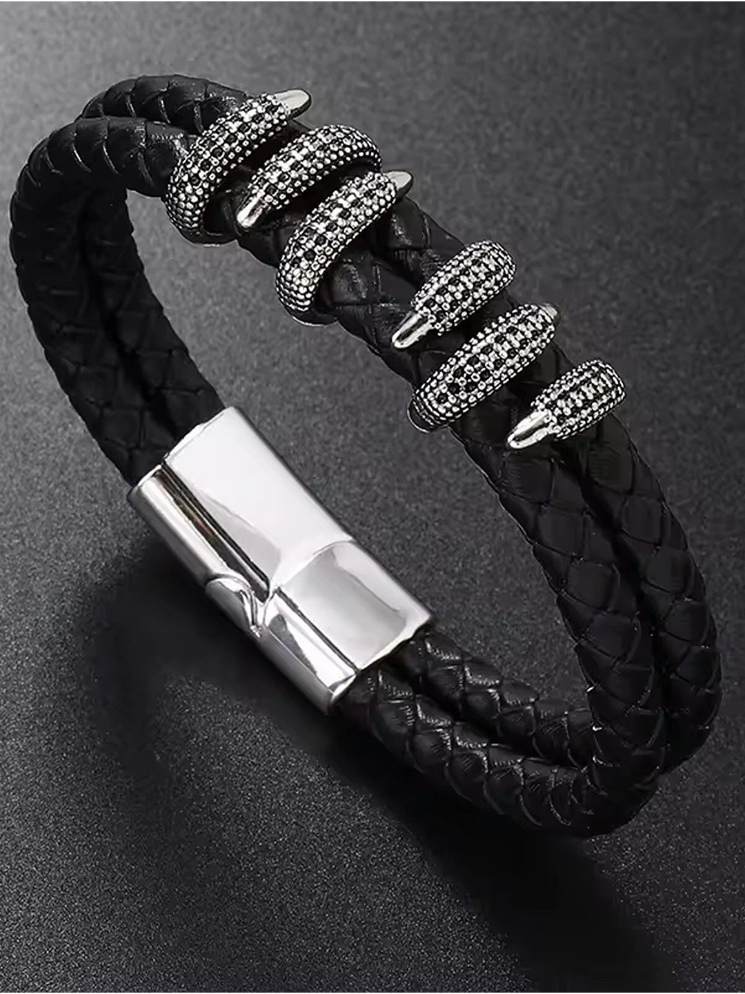 

Lila Men Leather Stainless Steel Knot Wraparound Bracelet, Black