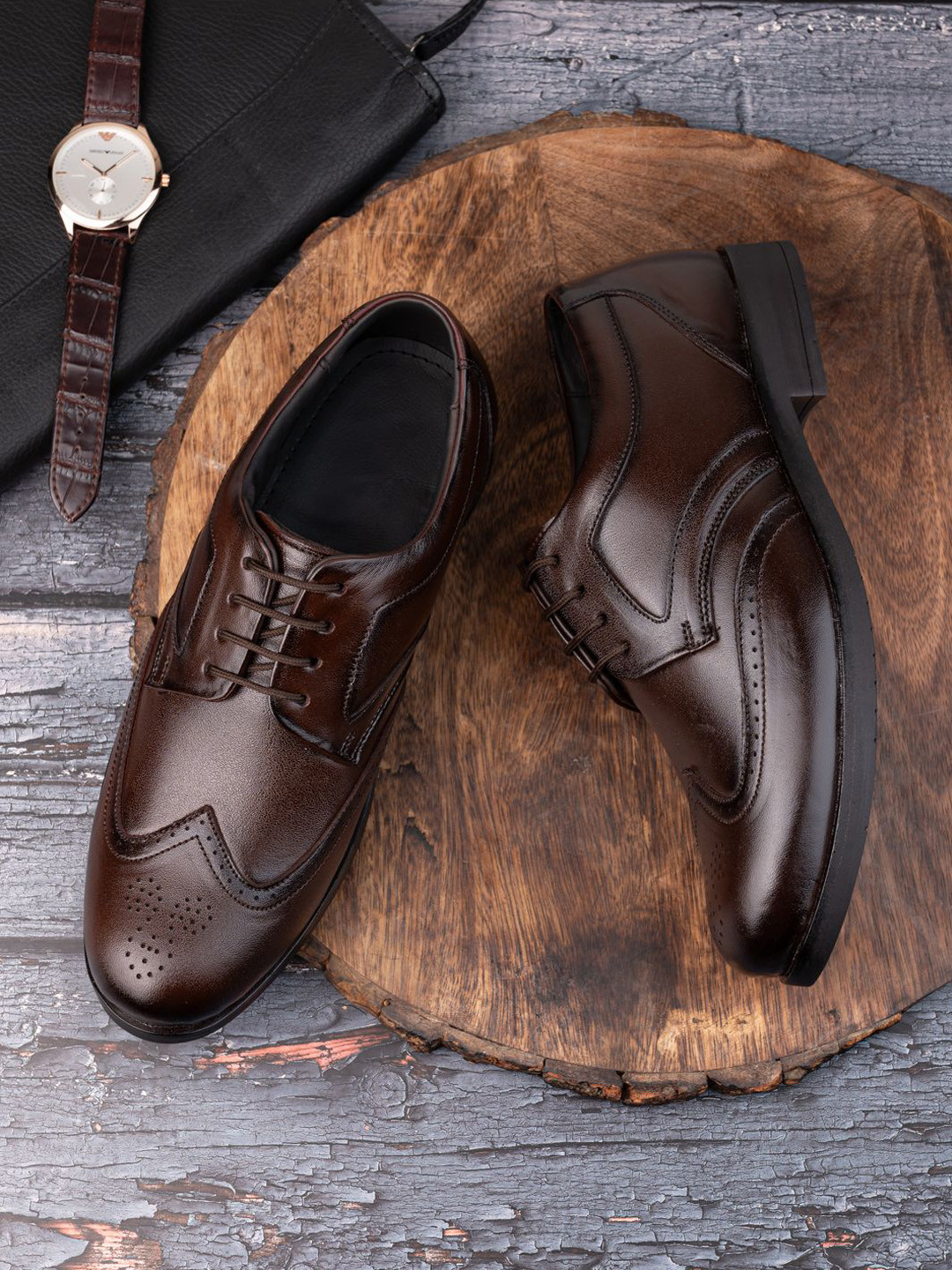 

MENGLER Men Solid Genuine Leather Formal Brogues, Coffee brown