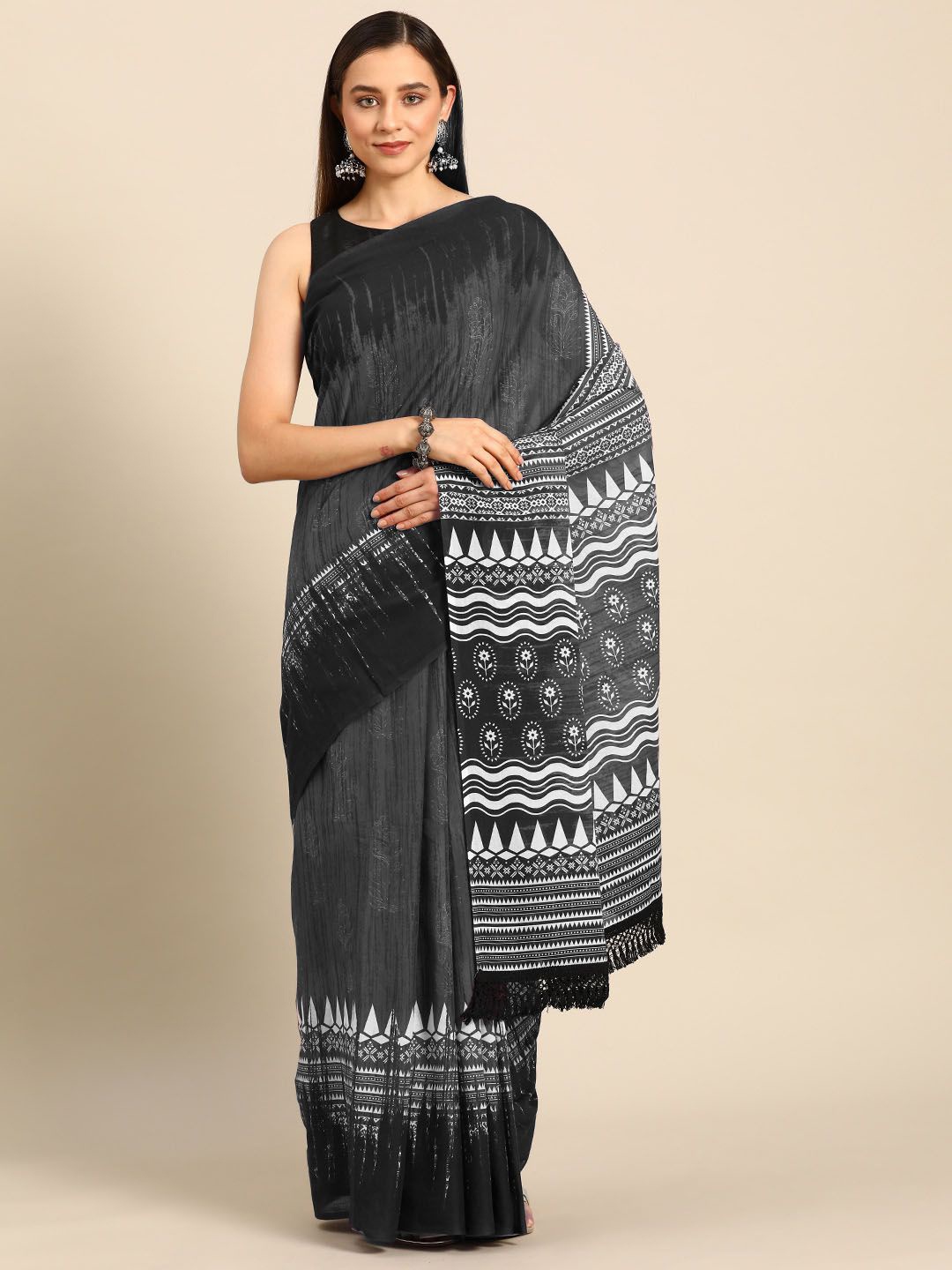 

BUTA BUTI Abstract Printed Pure Cotton Saree, Grey