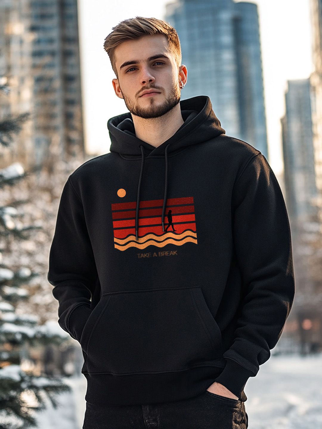 

NOBERO Men Graphic Printed Hooded Sweatshirt, Black