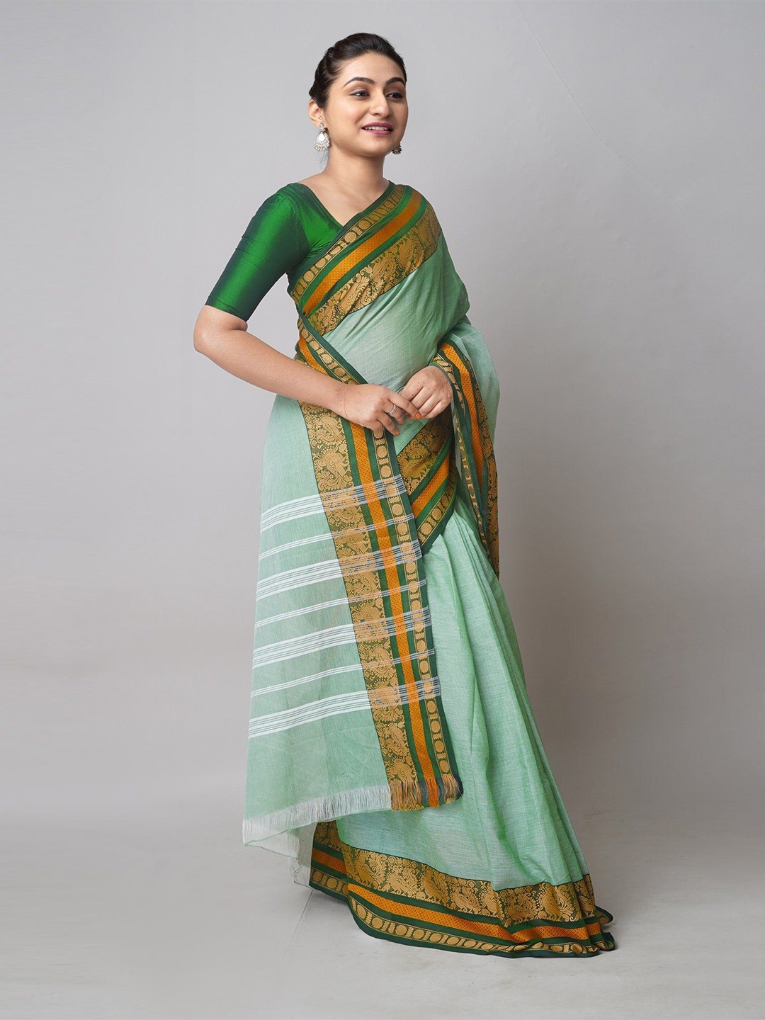 

Unnati Silks Zari Pure Cotton Handloom Chettinad Saree, Green