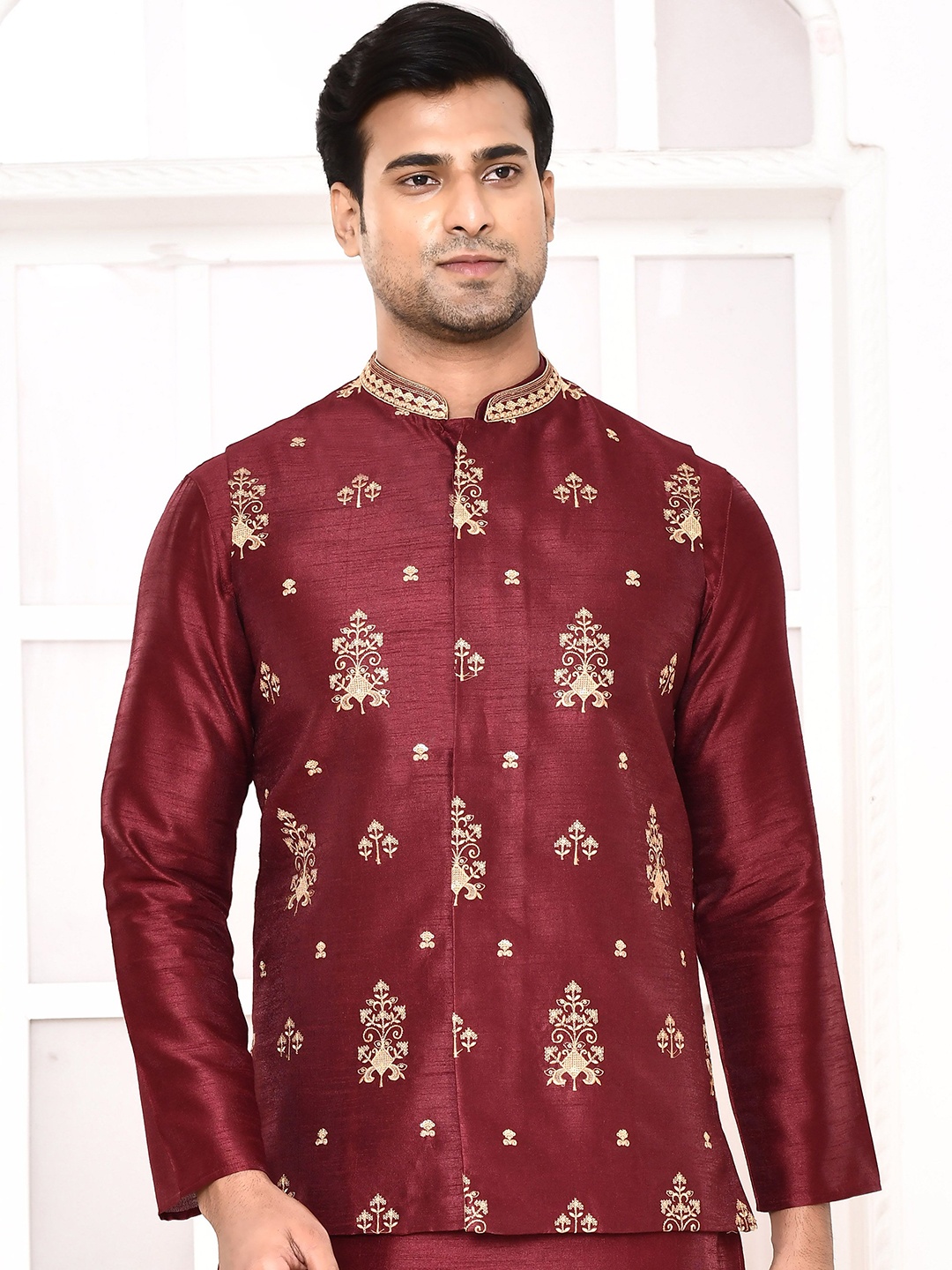 

MAAHI FABS Mandarin Collar Thread Work Straight Kurta with Churidar & Nehru Jacket, Maroon