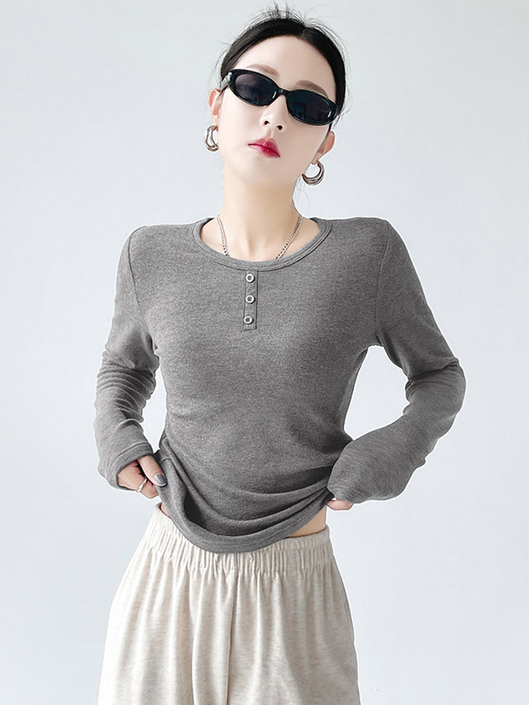 

LULU & SKY Women Solid Round Neck Top, Grey