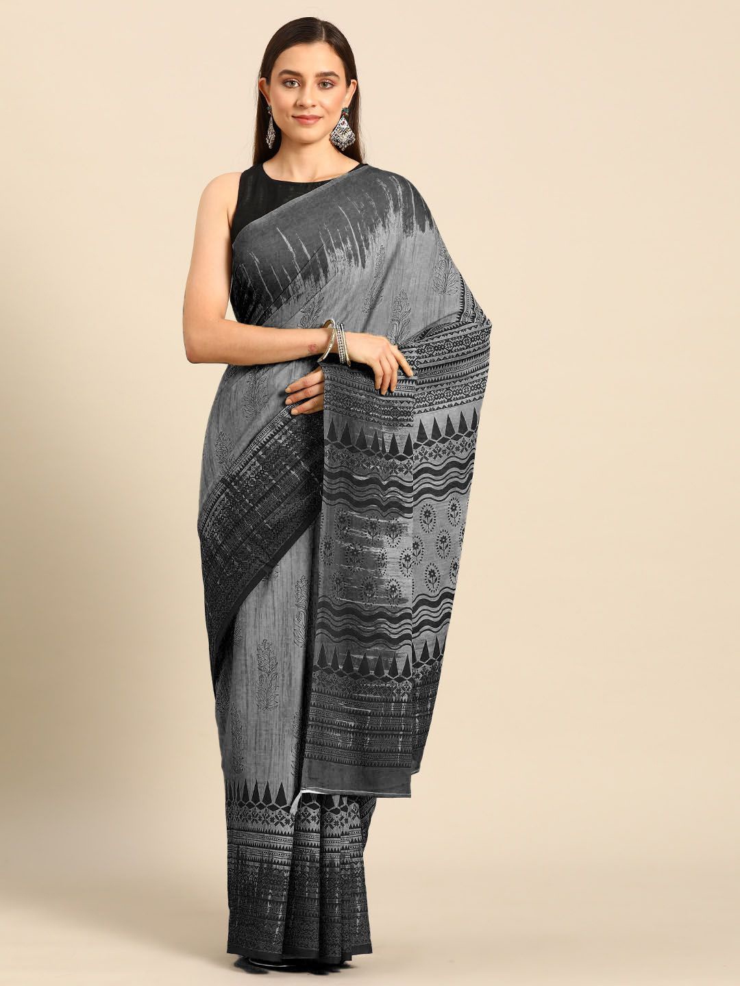 

BUTA BUTI Ethnic Motifs Printed Pure Cotton Saree, Black