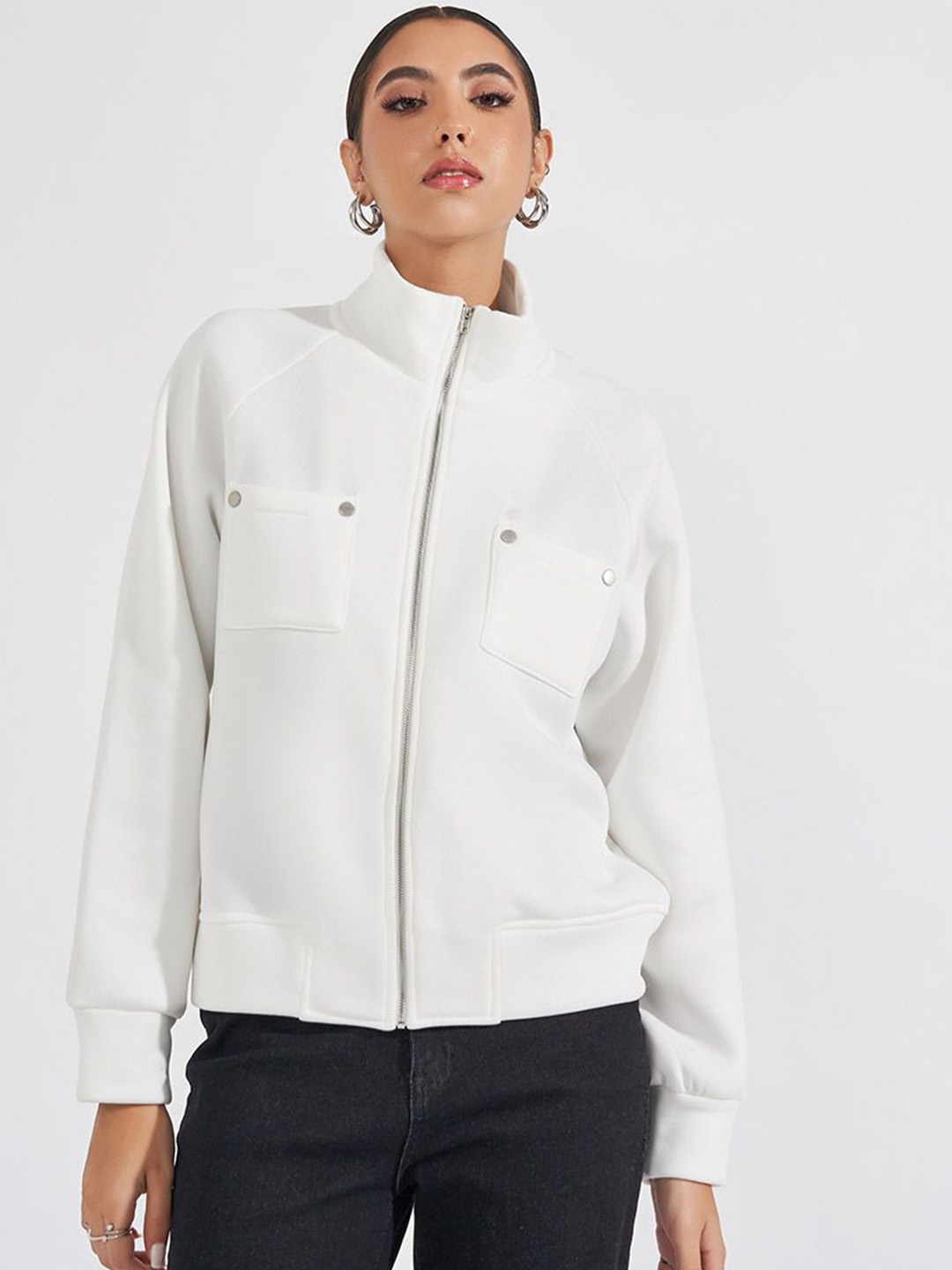 

Styli Women Mock Collar Bomber Jacket, White