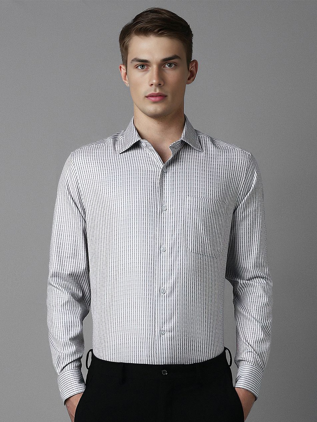 

Louis Philippe Men Classic Spread Collar Vertical Striped Cotton Formal Shirt, Grey