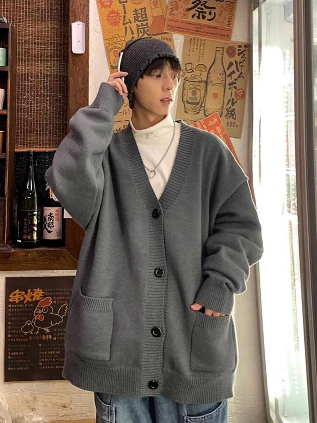 

StyleCast x Revolte Men V-Neck Cardigan, Grey