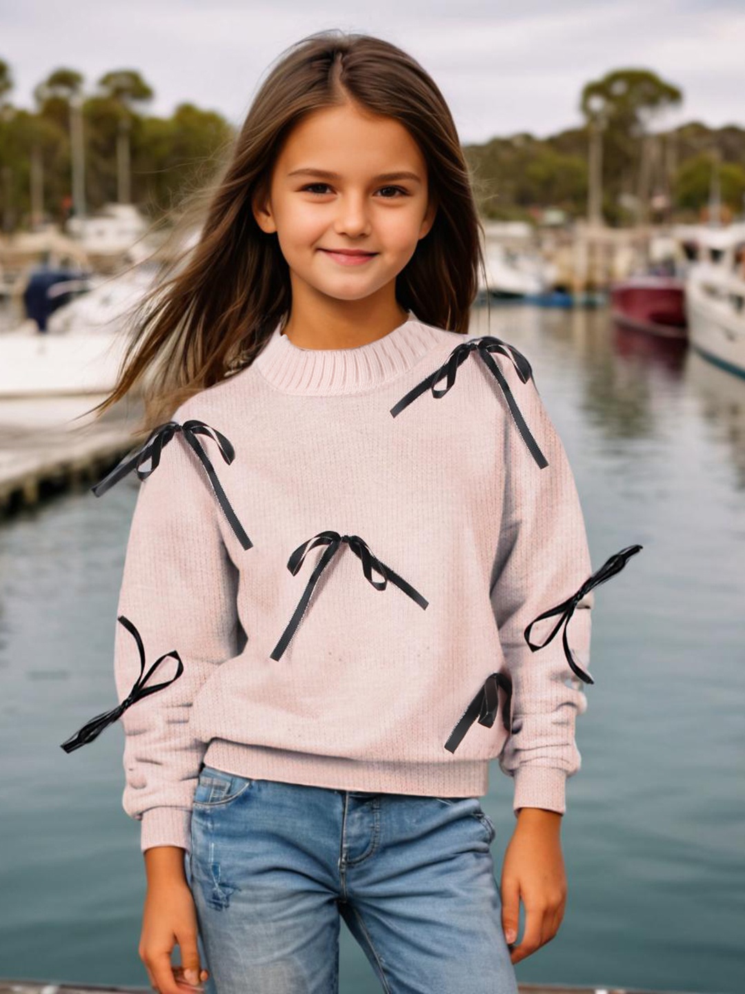 

INCLUD Girls Ribbed Turtle Neck Pullover With Bow, Pink