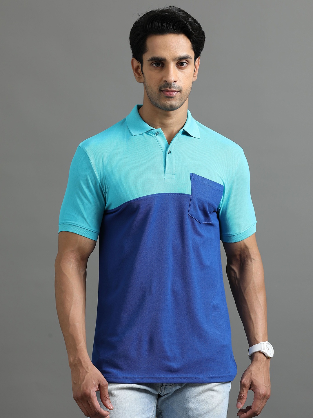 

ECOLINE Clothing Men Antimicrobial Colourblocked Polo Collar T-shirt, Blue