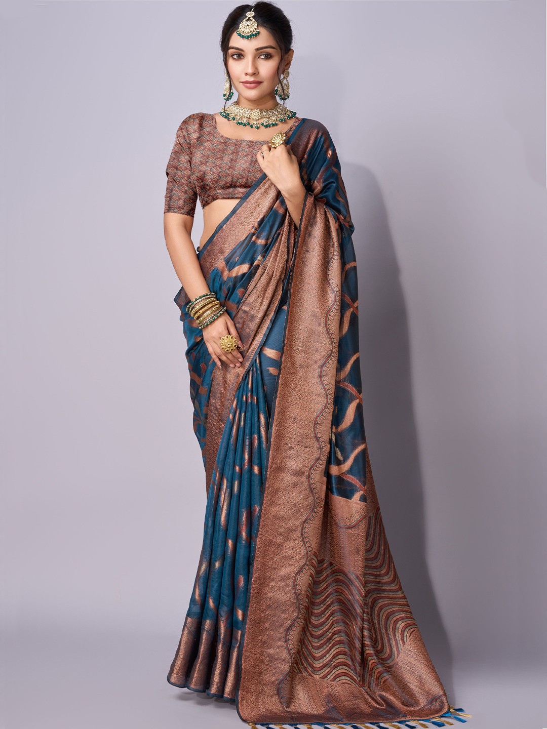 

KALINI Abstract Woven Design Zari Organza Saree, Navy blue