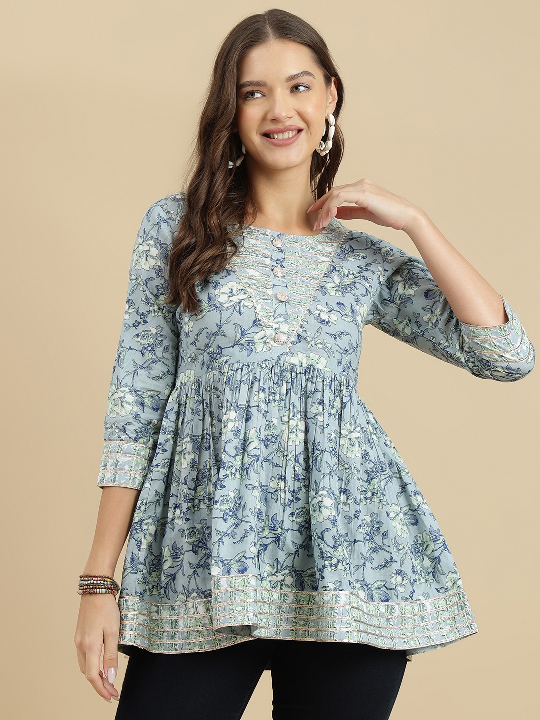 

KALINI Women Floral Printed Round Neck Cotton Top, Grey