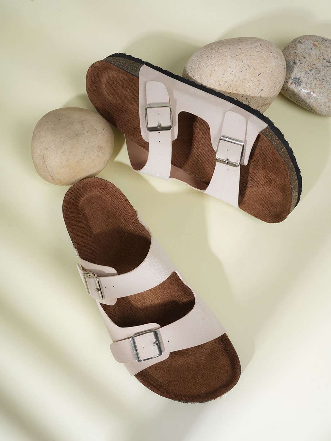 

MOZAFIA Women Open Toe Flats with Buckles, Cream