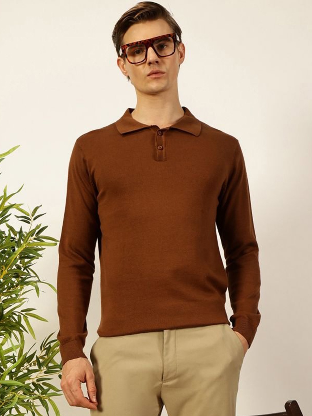 

Thomas Scott Men Knit Solid Polo Collar Cotton T-shirt, Brown