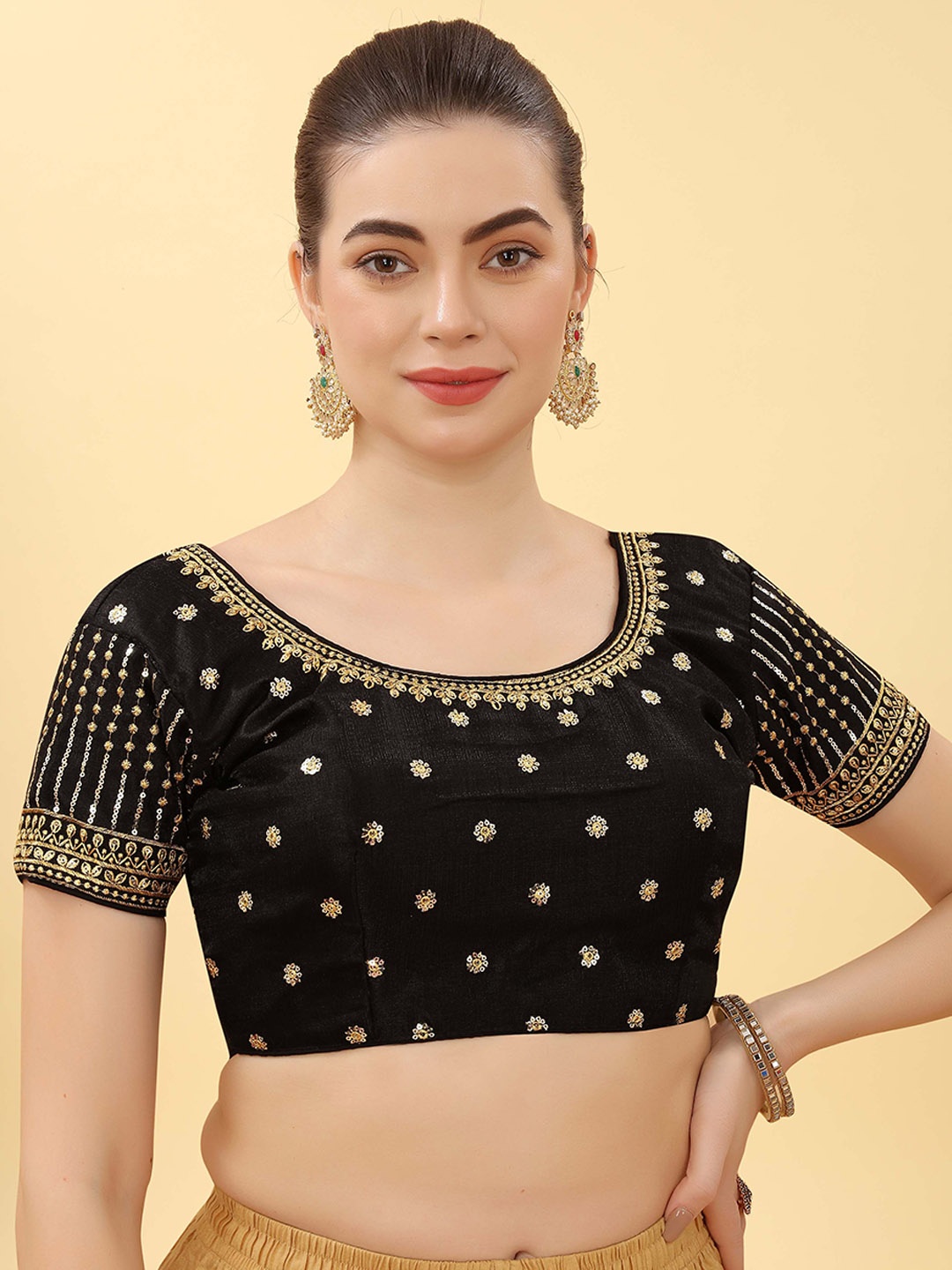 

Krimmple Women Sequinned Embroidered Saree Blouse, Black