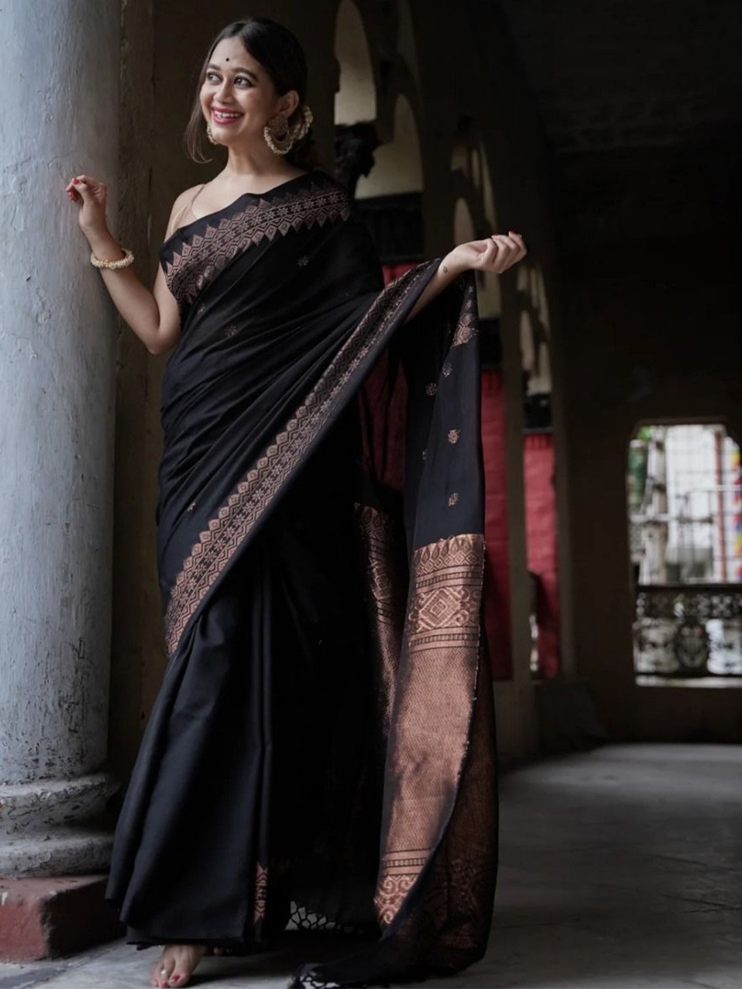 

revika Woven Design Zari Pure Silk Kanjeevaram Saree, Black