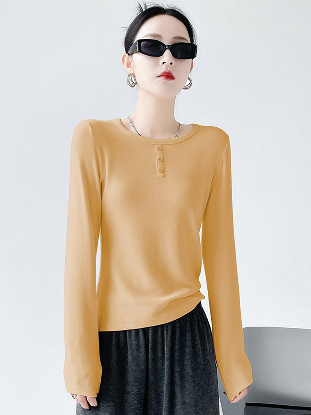 

LULU & SKY Women Solid Round Neck Top, Yellow