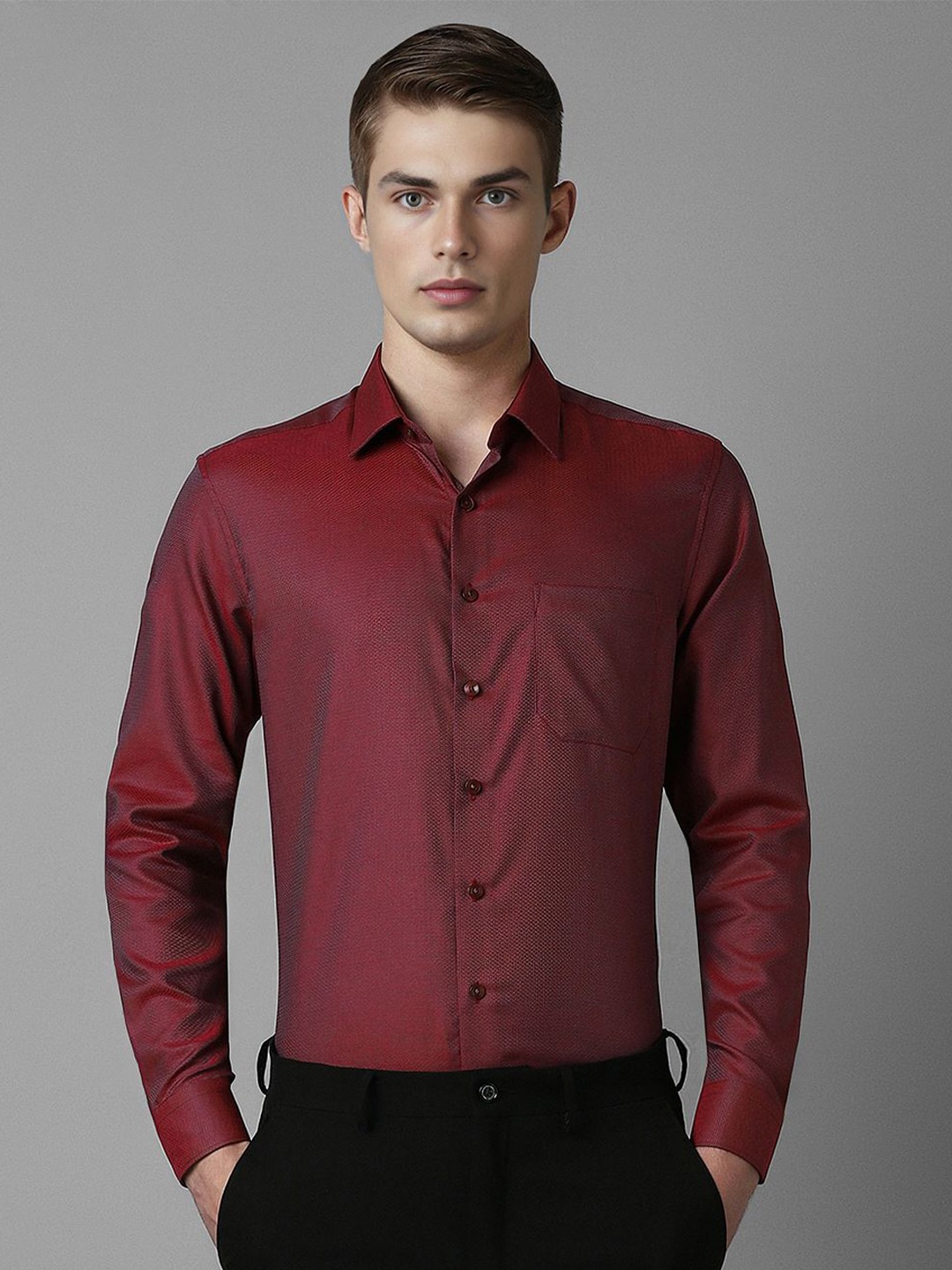 

Louis Philippe Men Spread Collar Textured Printed Cotton Slim Fit Formal Shirt, Maroon