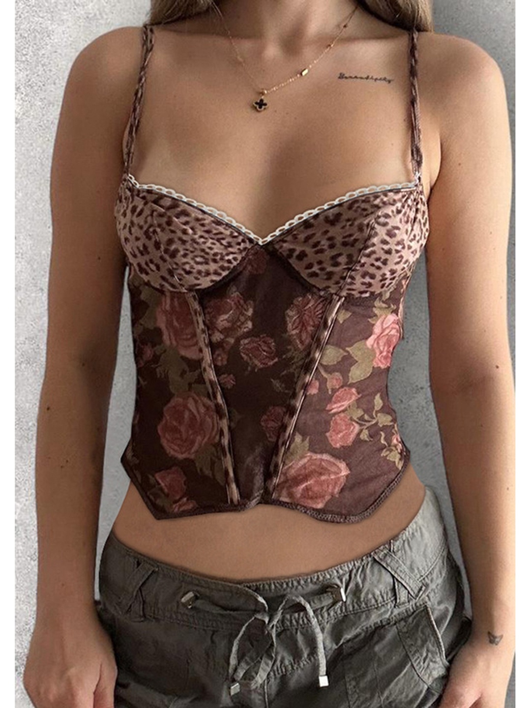 

LULU & SKY Women Floral Printed Sweetheart Neck Top, Brown