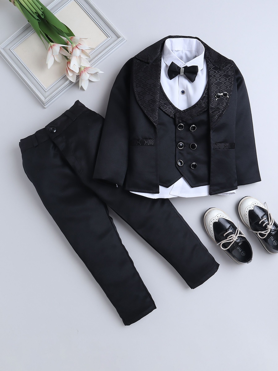 

FOURFOLDS Boys Double-Breasted Notched Lapel Blazer with Trouser and Shirt & Bow Tie, Black