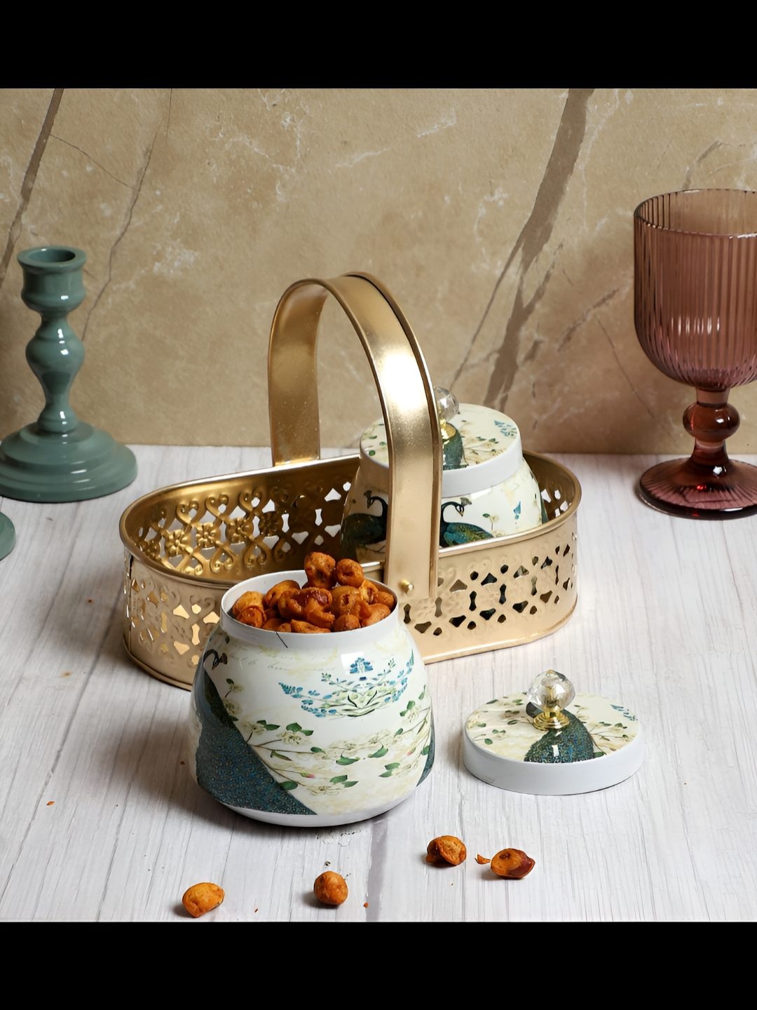 

Amaya Decors Gold-Toned & Green 2 Pieces Peacock Printed Jars With Basket