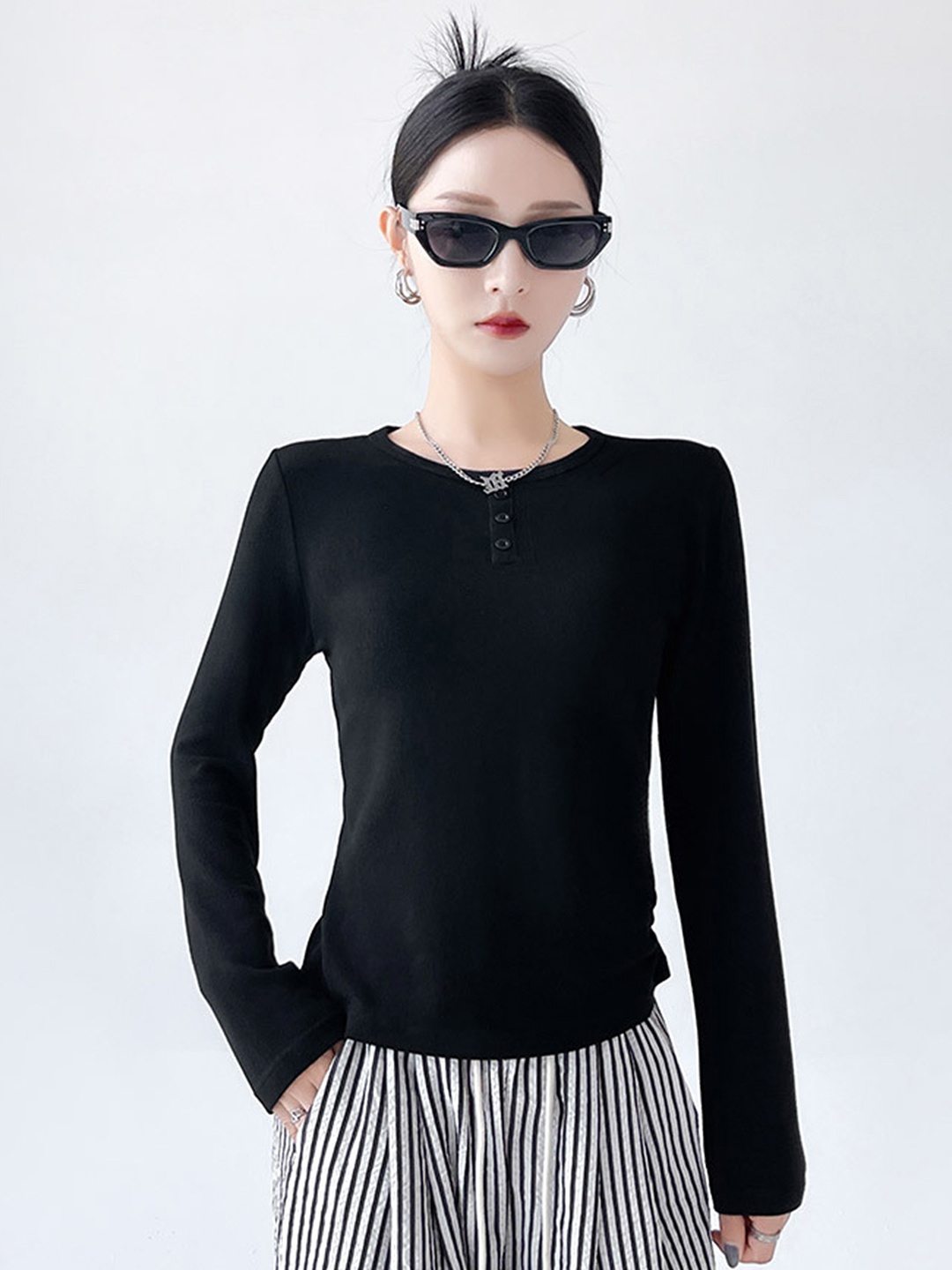 

LULU & SKY Women Solid Round Neck Top, Black