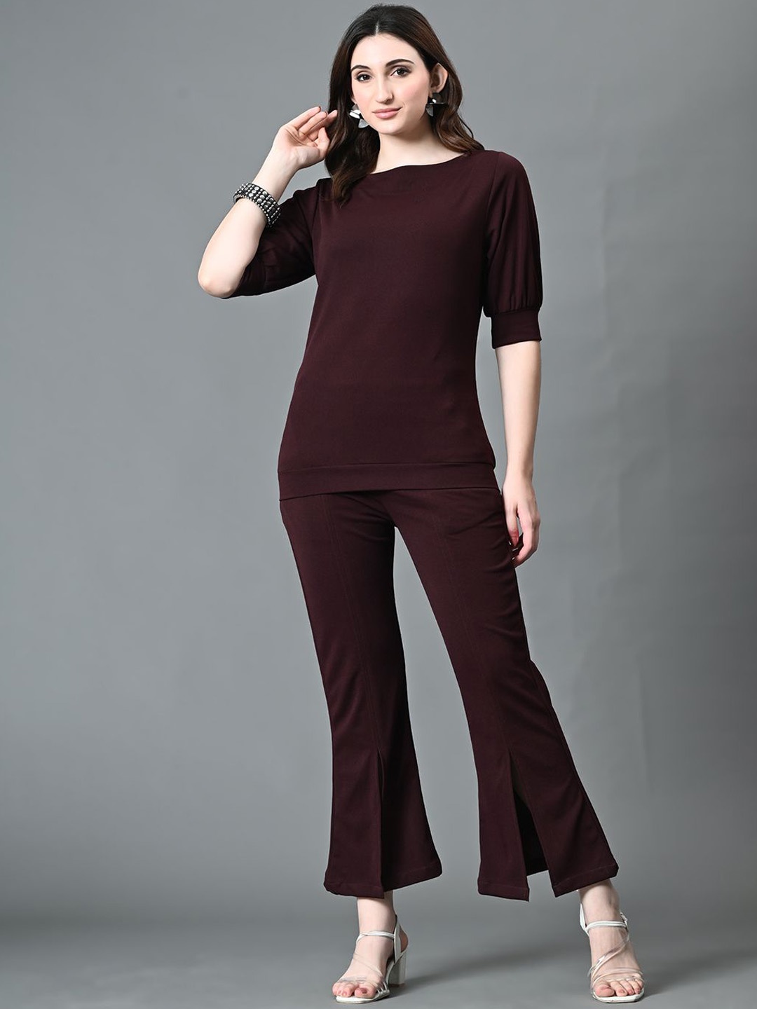 

The Roadster Lifestyle Co. Boat Neck Top With Trouser, Coffee brown