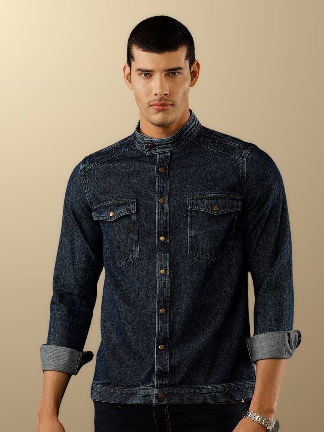 

TEMPLE OF DENIM Men India Slim Mandarin Collar Solid Denim Casual Shirt, Blue