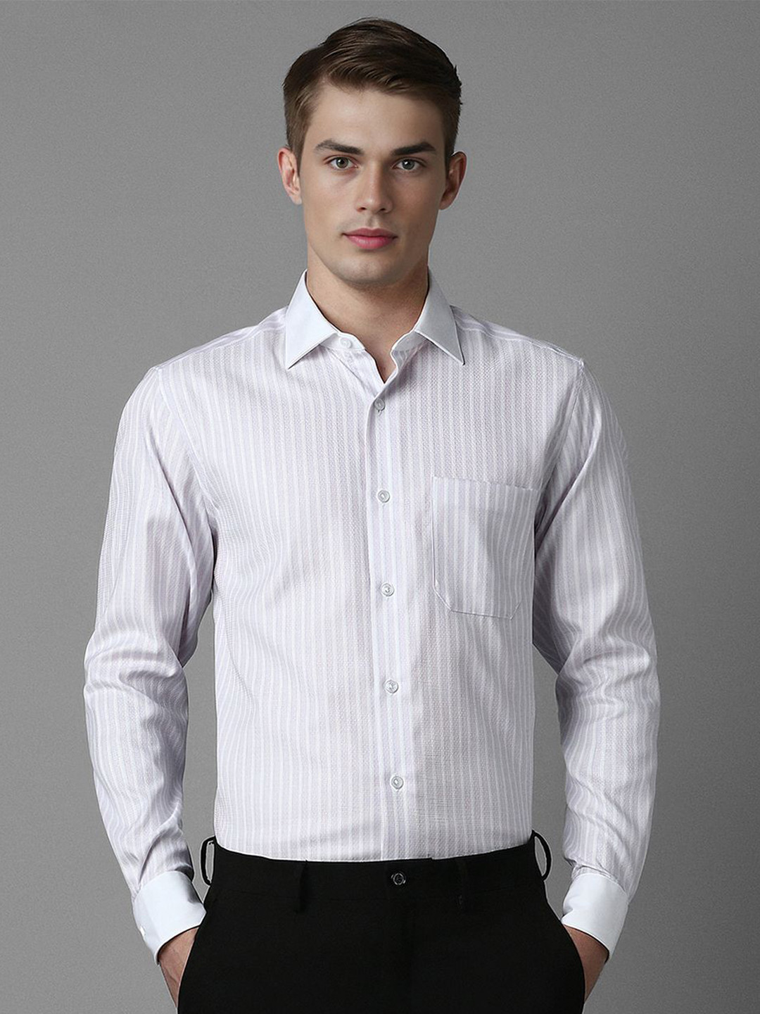 

Louis Philippe Men Classic Spread Collar Vertical Striped Cotton Formal Shirt, Lavender