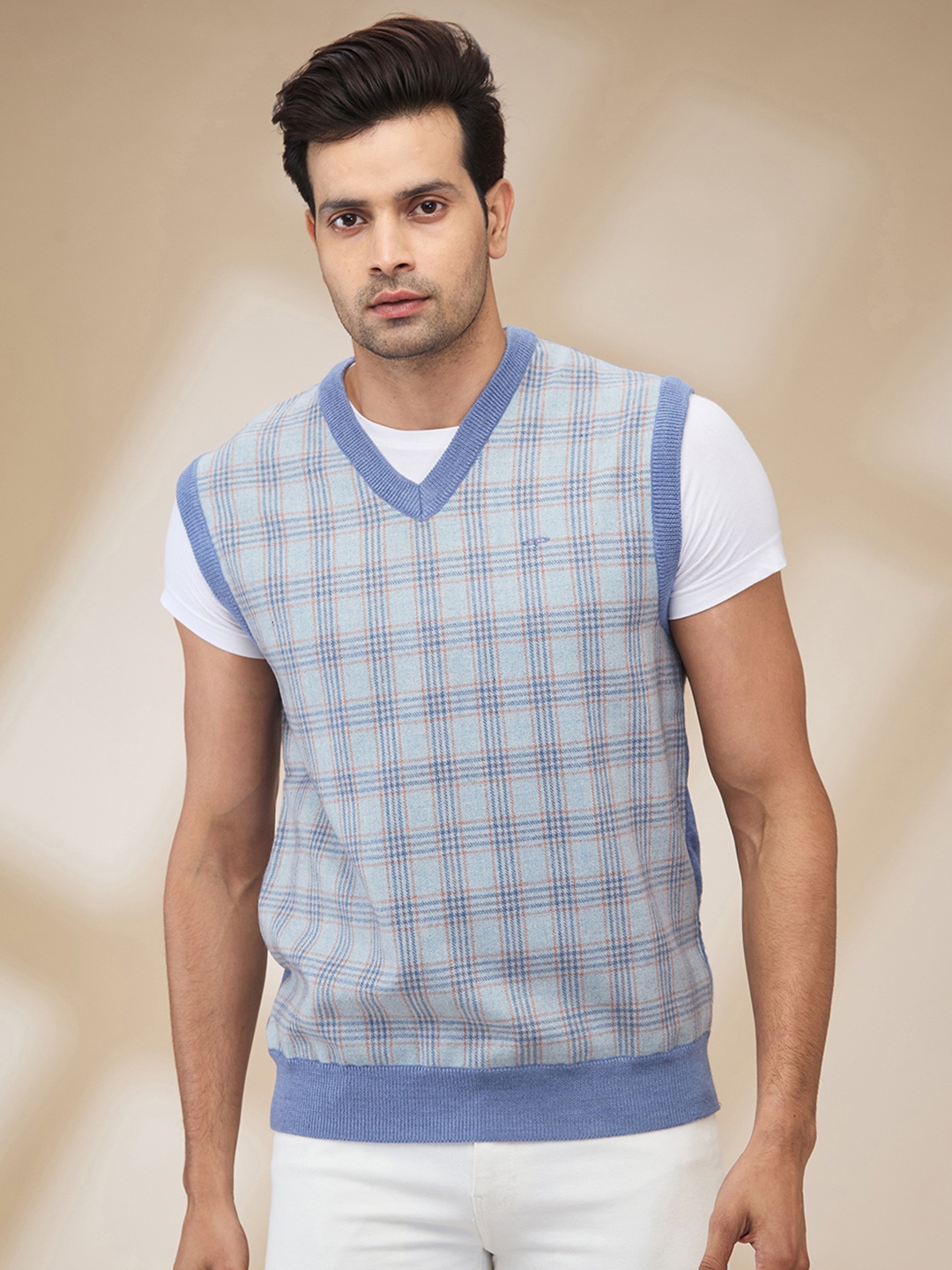 

ColorPlus Men Checked Sweater Vest, Blue
