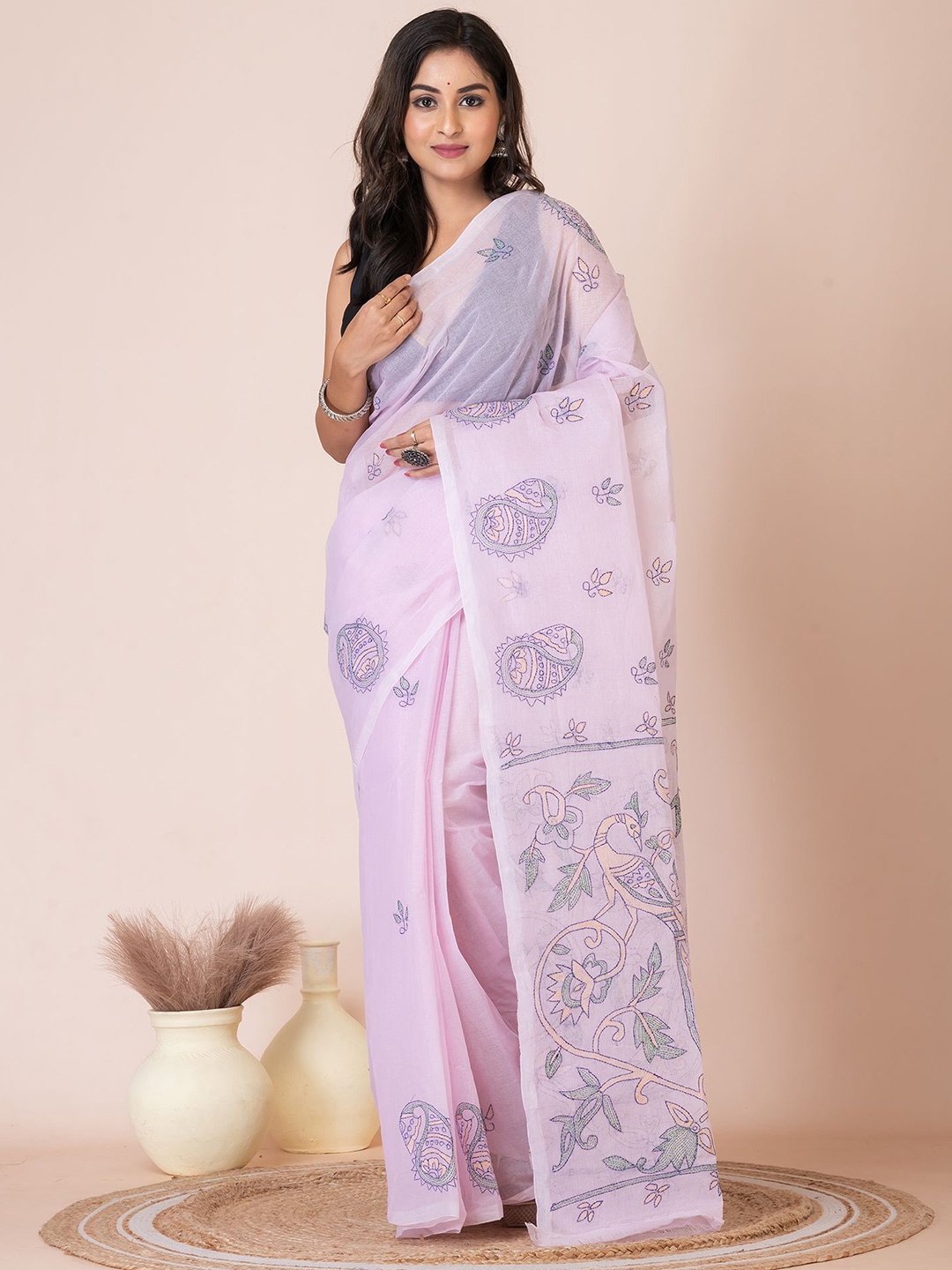 

HOUSE OF ARLI Ethnic Motifs Kantha Work Pure Cotton Saree, Pink