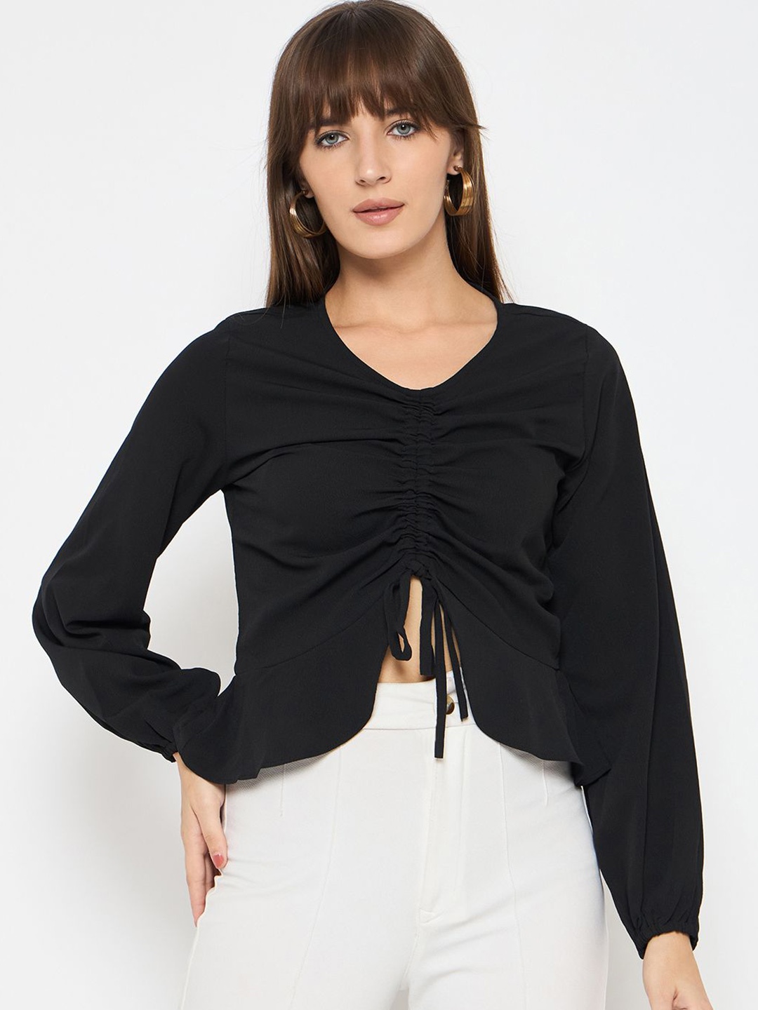 

Ruhaans Women Solid V-Neck Top, Black