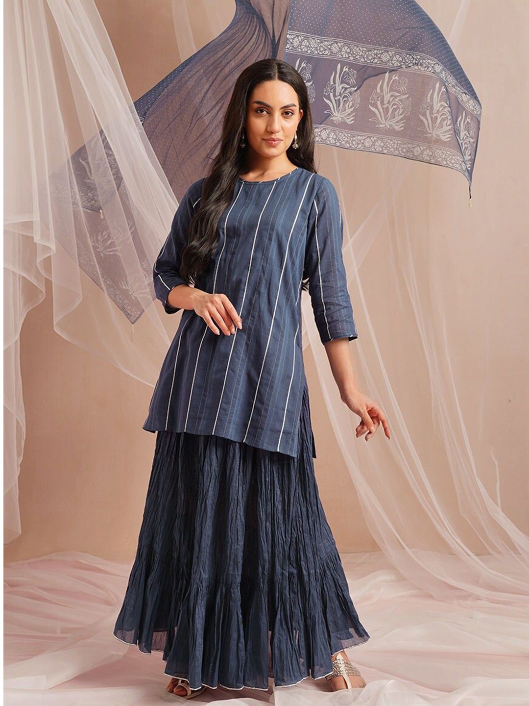 

JAYPORE Striped Pure Cotton Straight Kurta, Navy blue