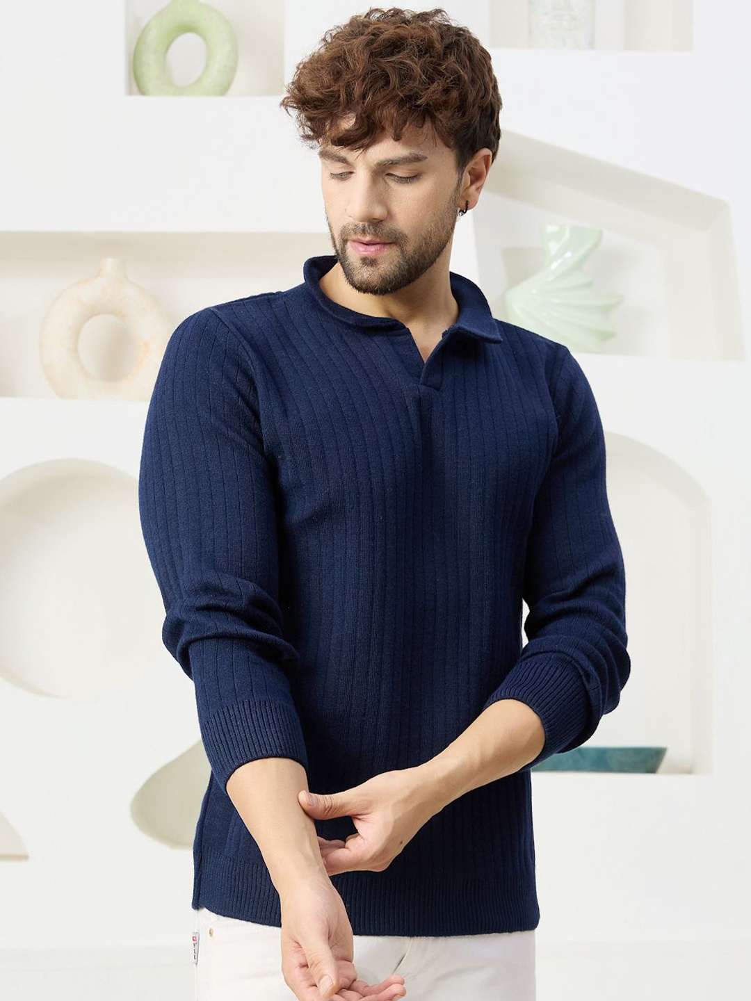 

KVETOO Men Shirt Collar Ribbed Pullover, Navy blue