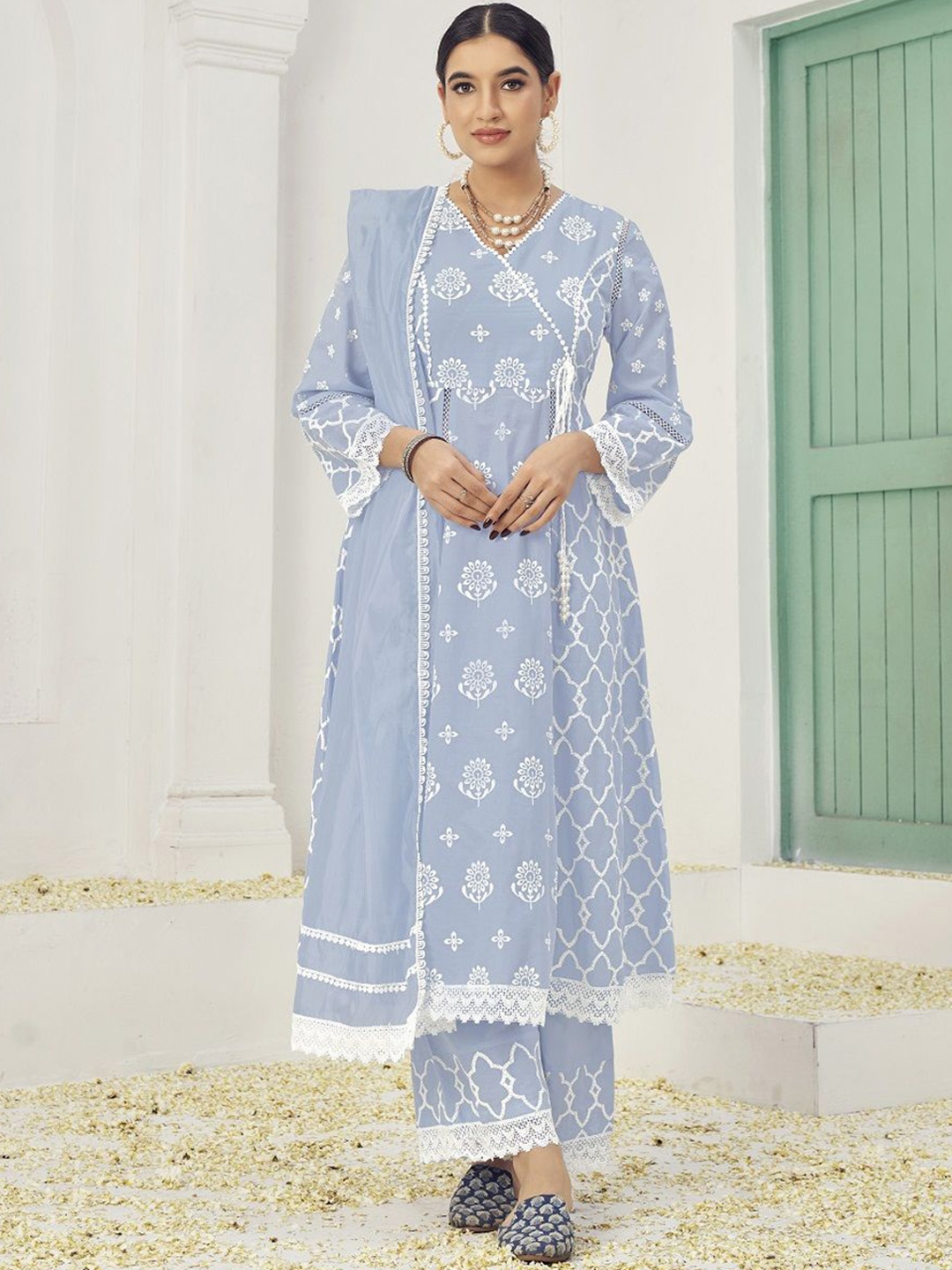 

JIVORA Women Floral Embroidered Angrakha Pure Cotton Kurti with Pyjamas & With Dupatta, Turquoise blue