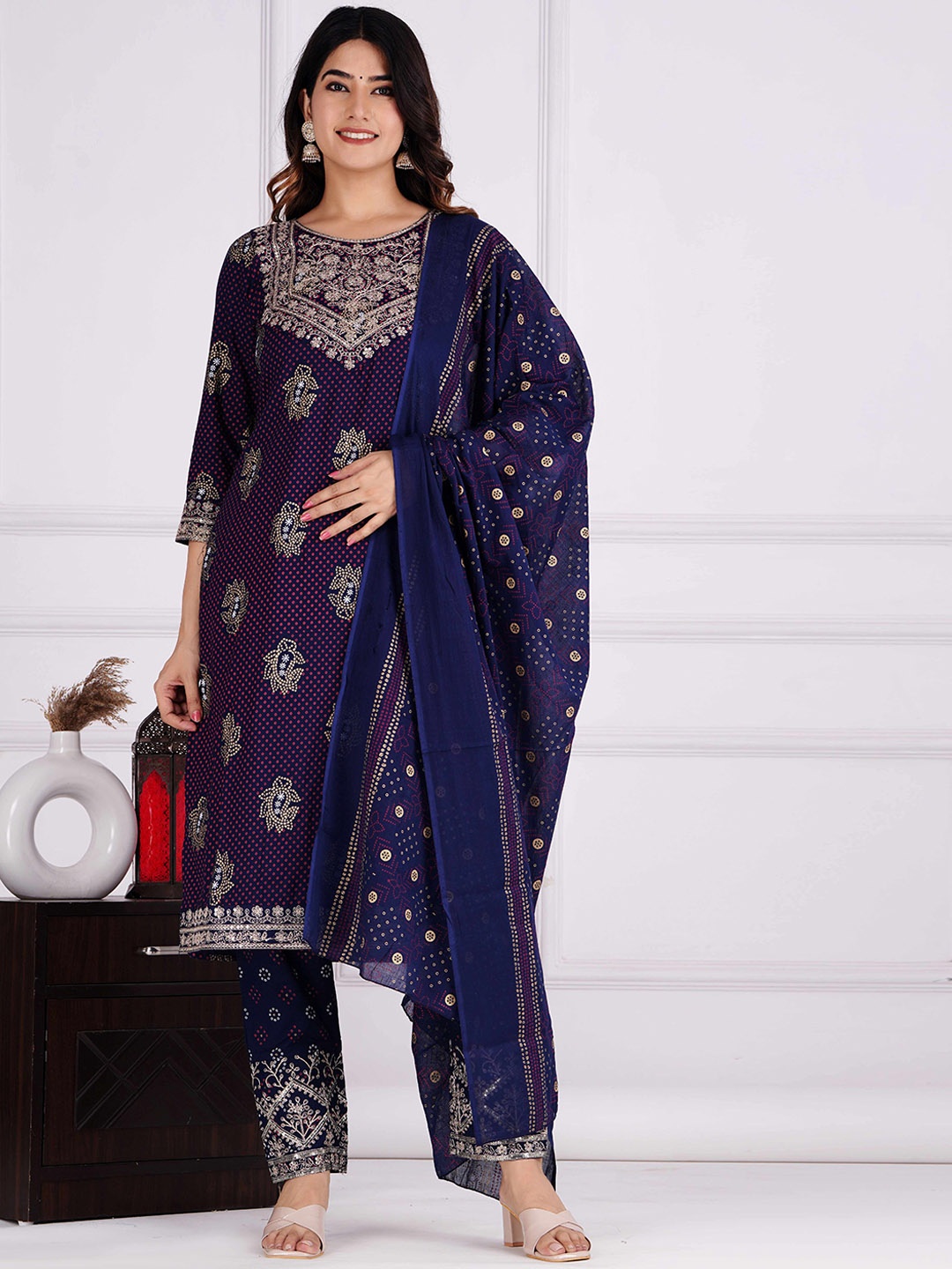 

KALINI Ethnic Motifs Printed Straight Thread Work Kurta with Trousers & Dupatta, Blue