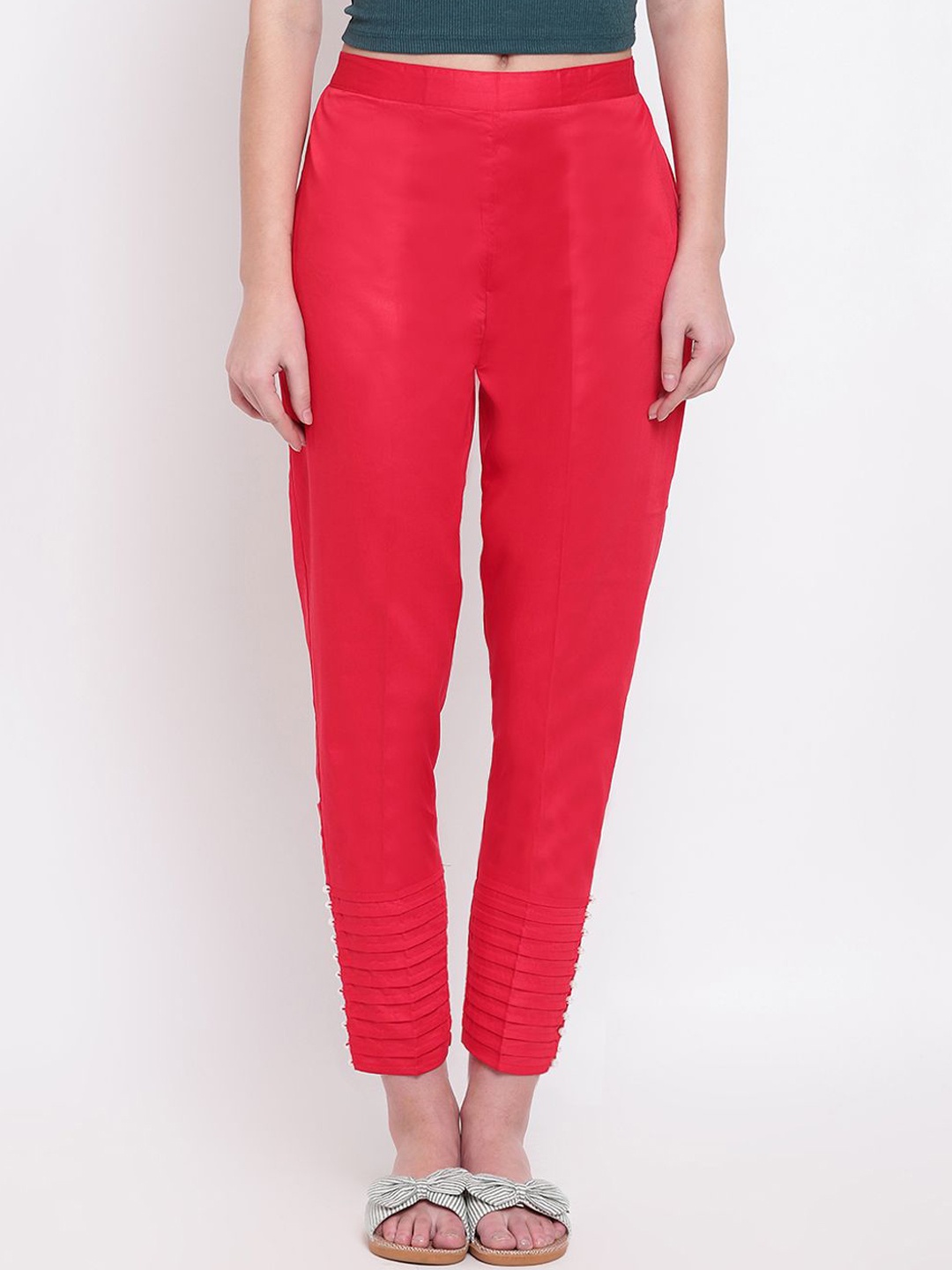 

RIVI Women Relaxed Mid-Rise Straight Leg Trousers, Red