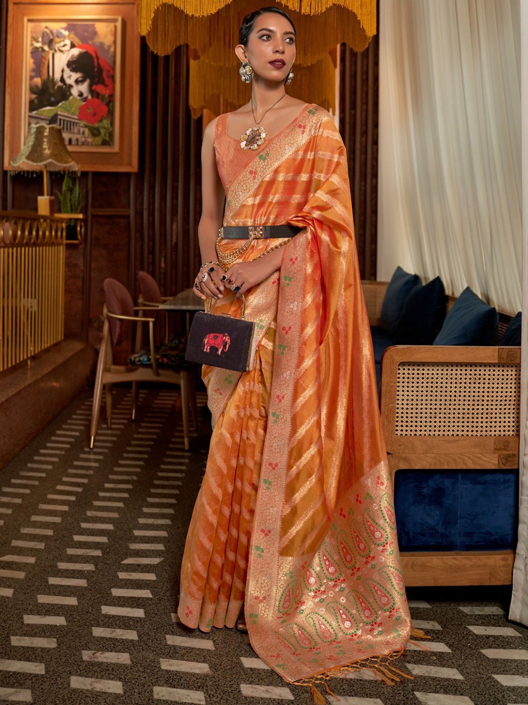 

ODETTE Woven Design Zari Saree, Orange