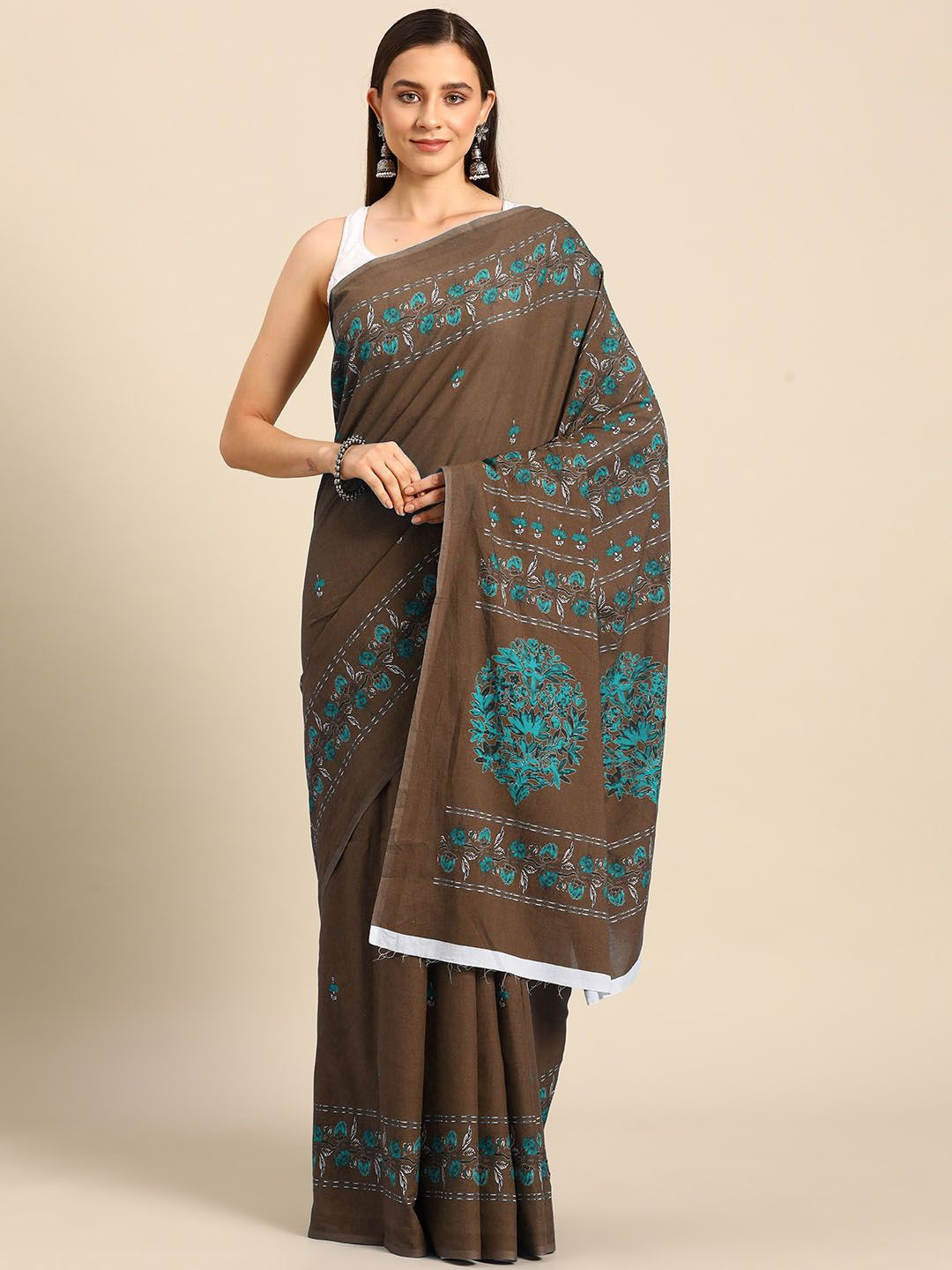 

BUTA BUTI Floral Printed Pure Cotton Saree, Copper