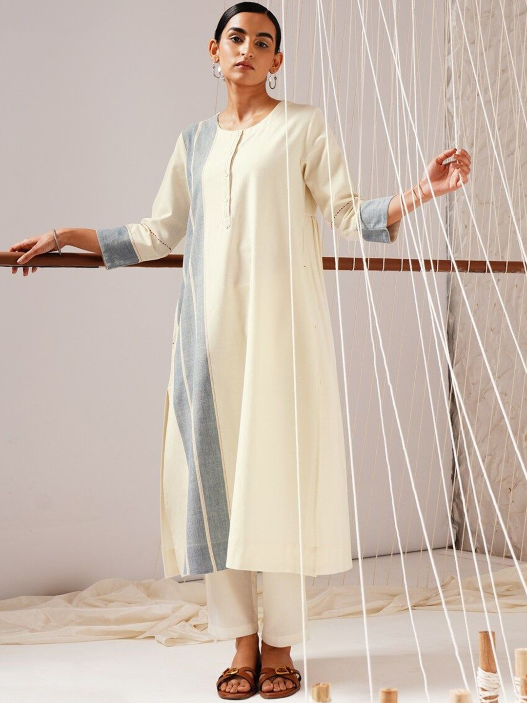 

JAYPORE Striped Printed Notched Neck Pure Cotton Straight Kurta, Off white