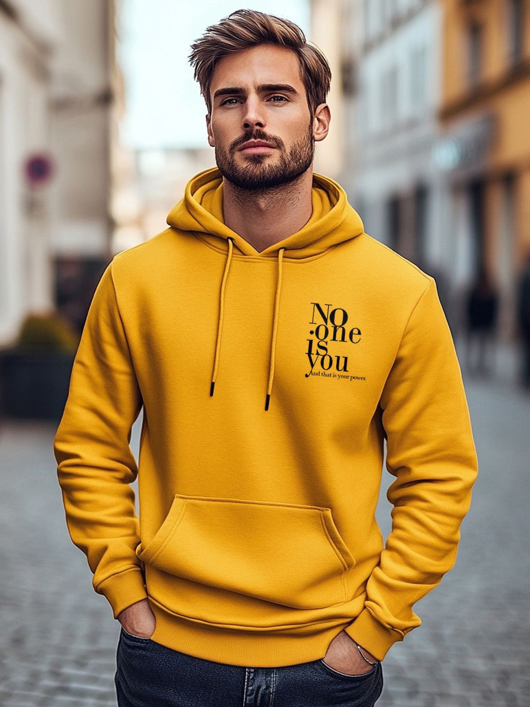 

NOBERO Men Printed Hooded Sweatshirt, Mustard