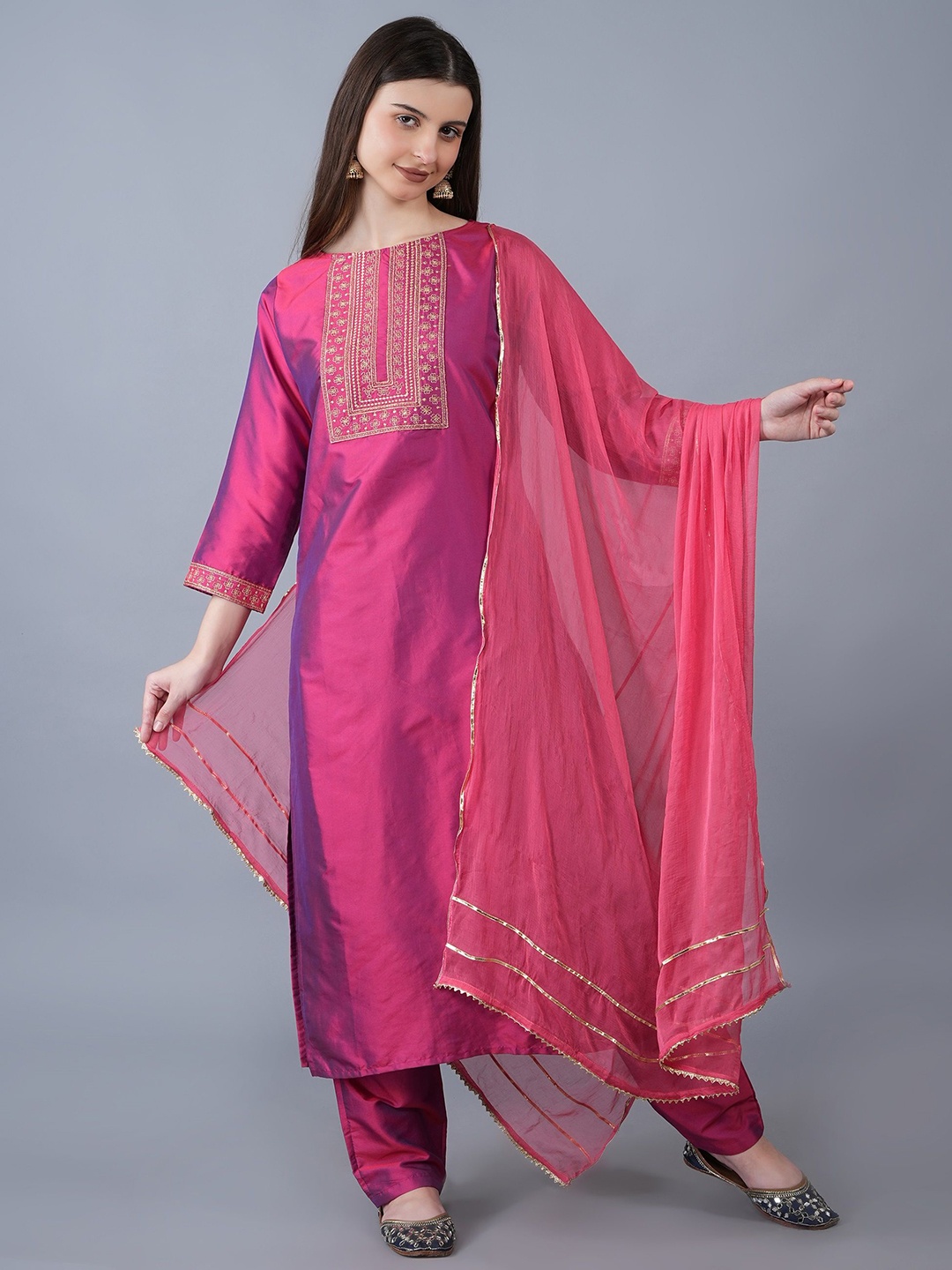 

KALINI Boat Neck Regular Satin Straight Kurta with Patiala & Dupatta, Peach